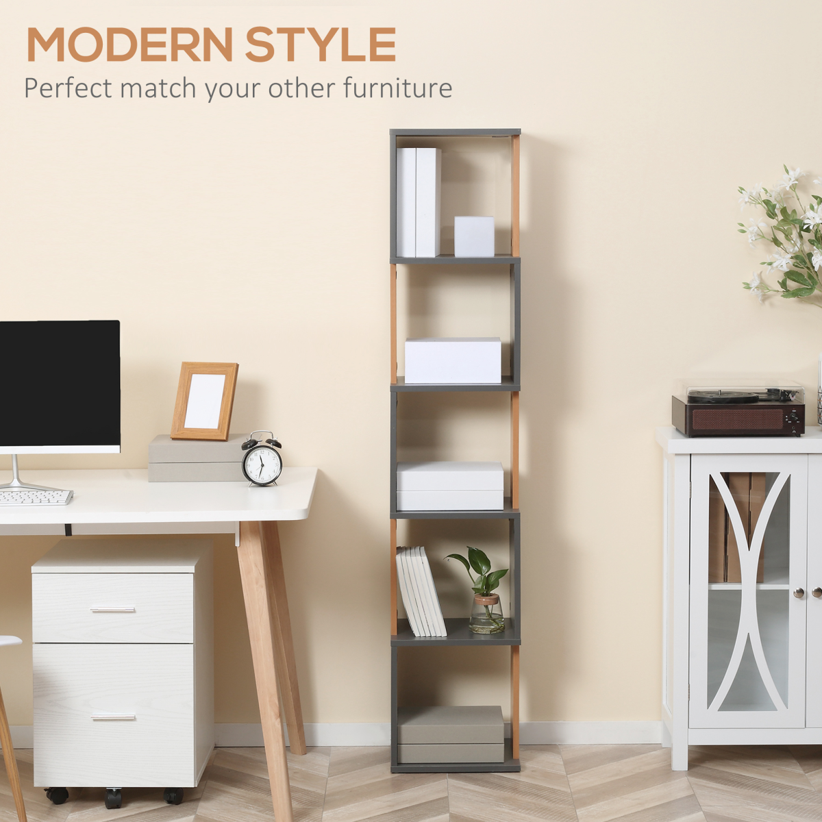 Stylish 5-Tier Dark Grey Bookshelf – Modern Design for Space-Saving Storage
