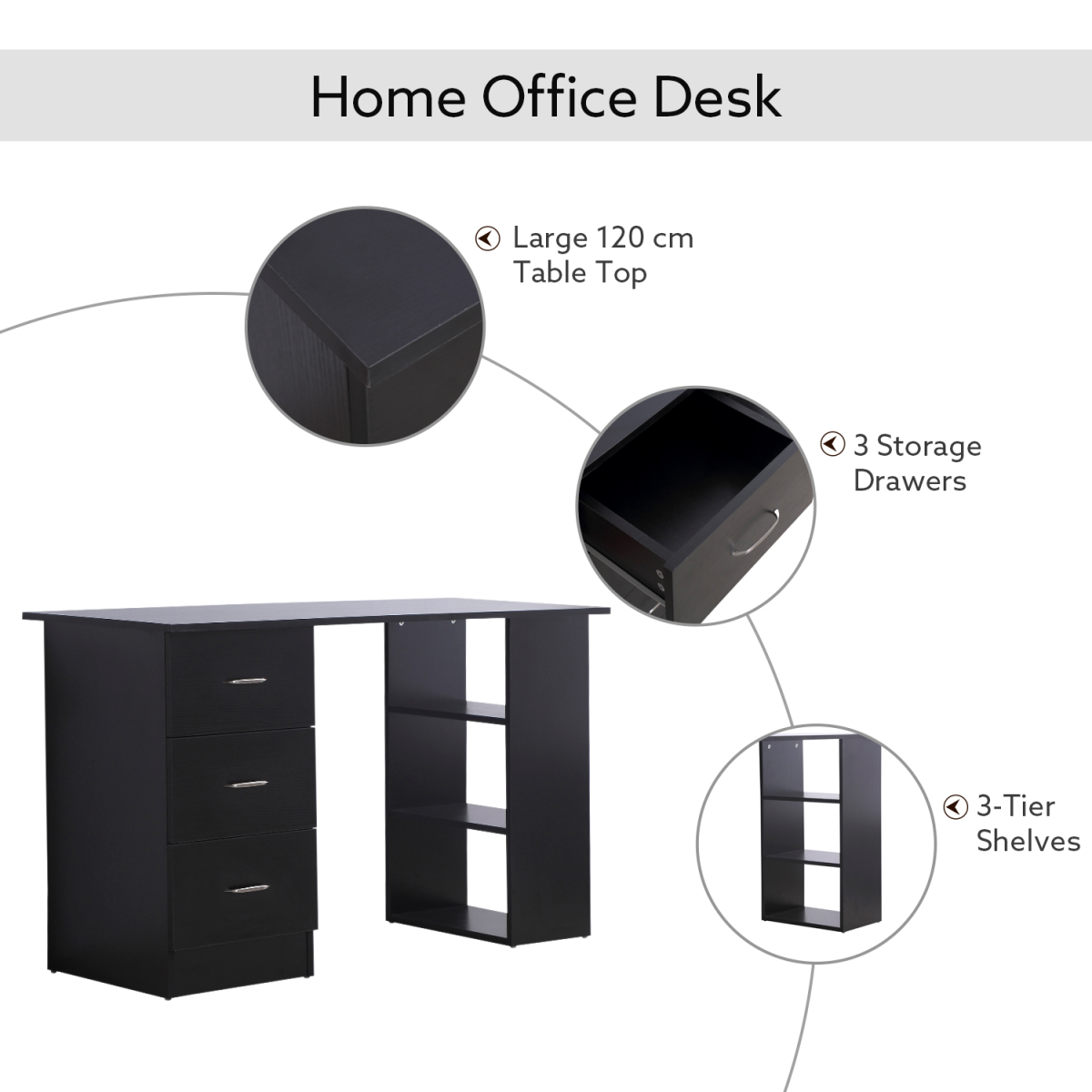 Versatile 120cm Computer Desk with 3 Shelves & Drawers - Classic Black Design