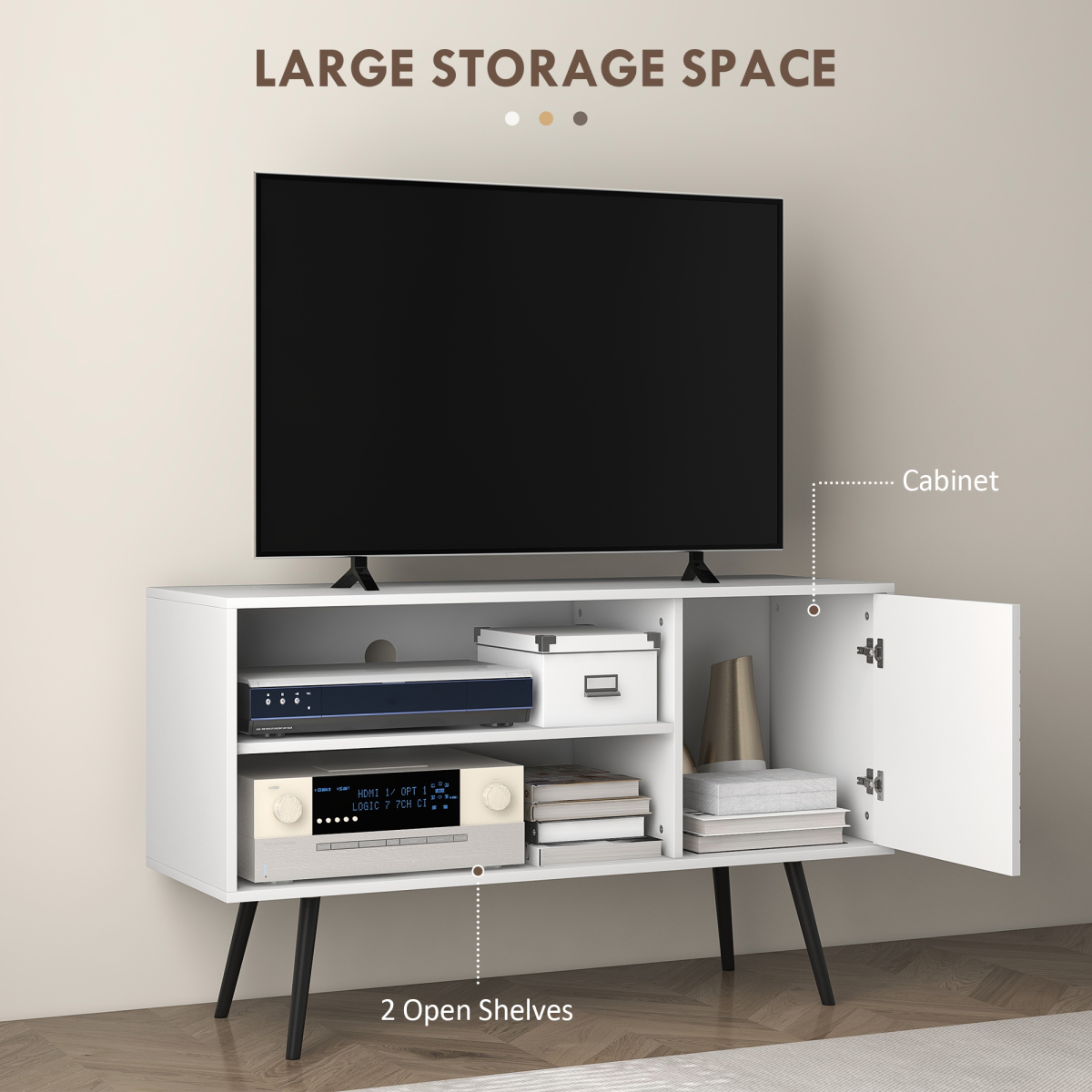 Stylish 50" TV Unit with Storage Shelves & Cable Management - White