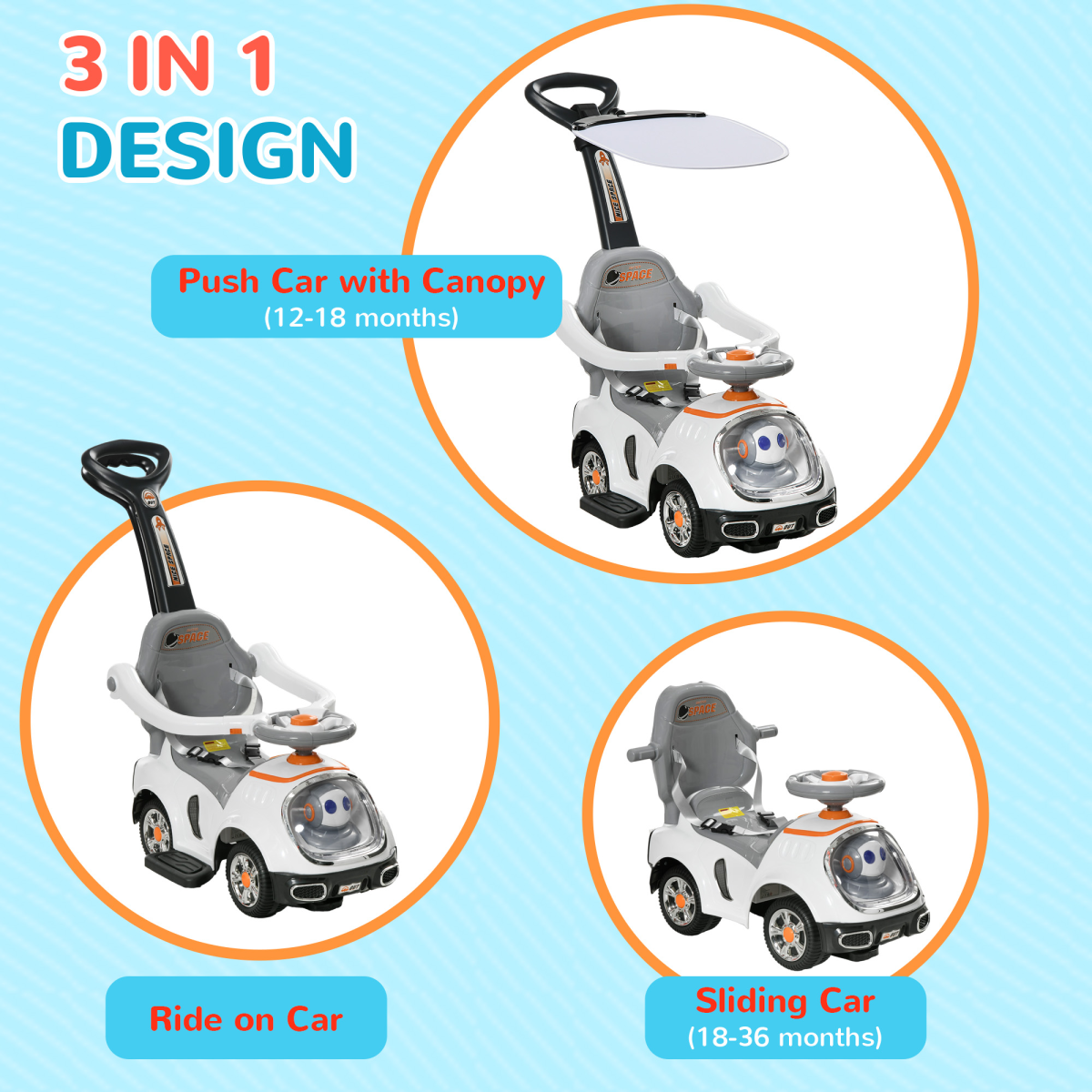 AIYAPLAY 3-in-1 Ride-On Push Car: Cartoon Robot with Light-Up Eyes