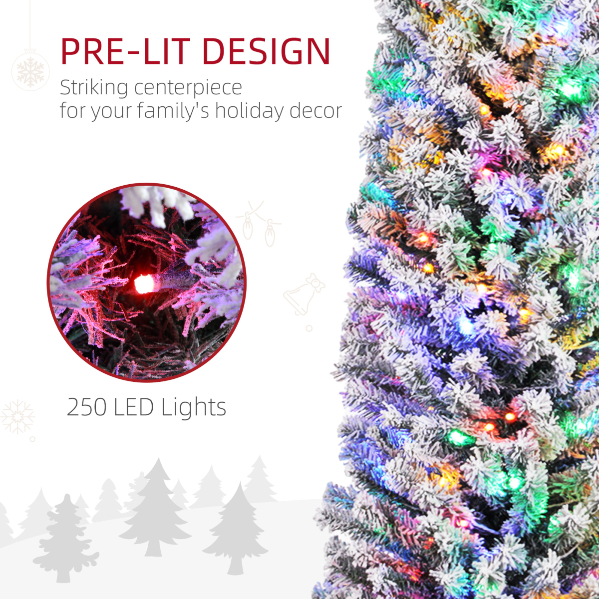 7' Artificial Christmas Tree with Flocked Tips, LED Lights, Decoration
