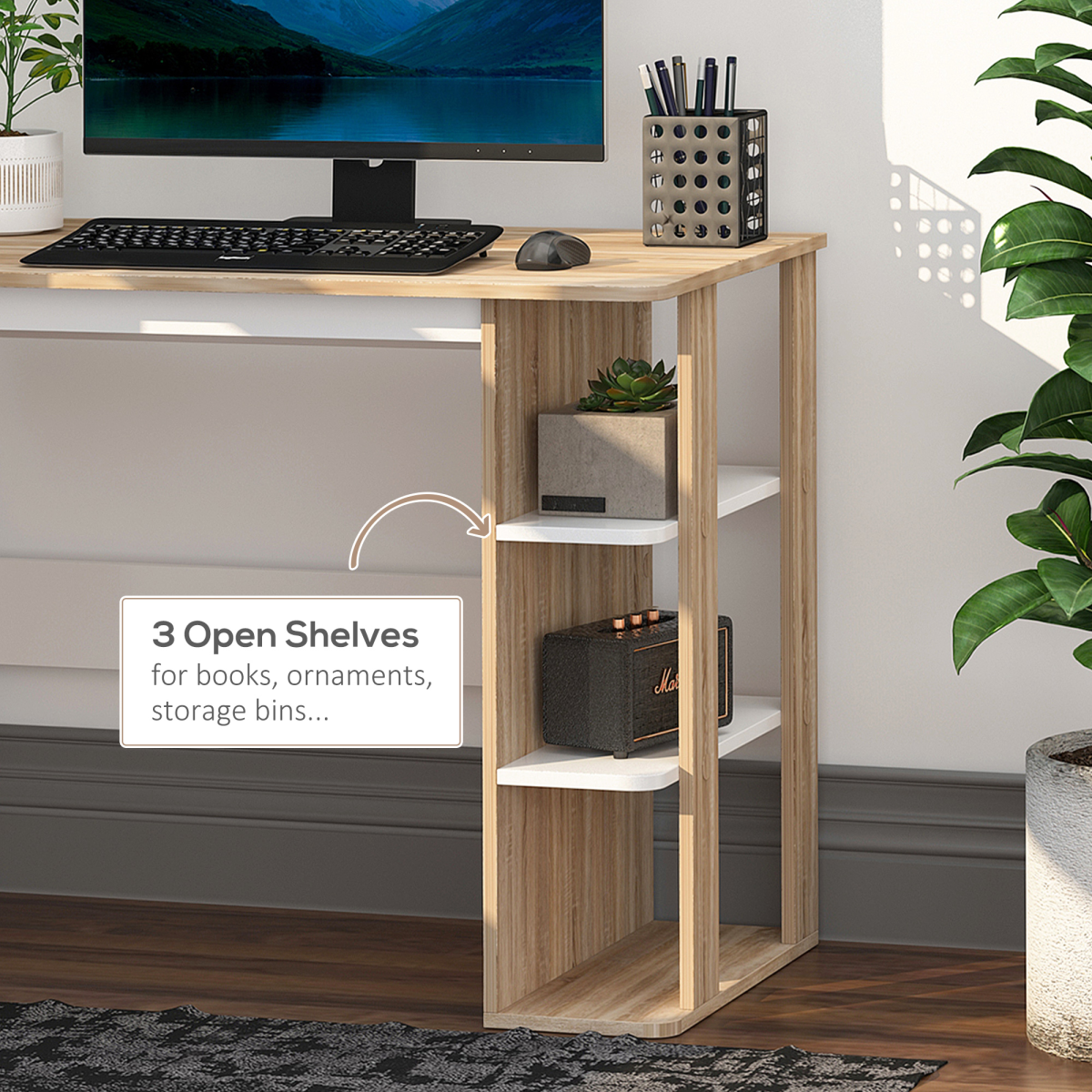 Stylish 2-in-1 Duo Desk & 3-Tier Shelf: Spacious, Sturdy, Home Office Essential