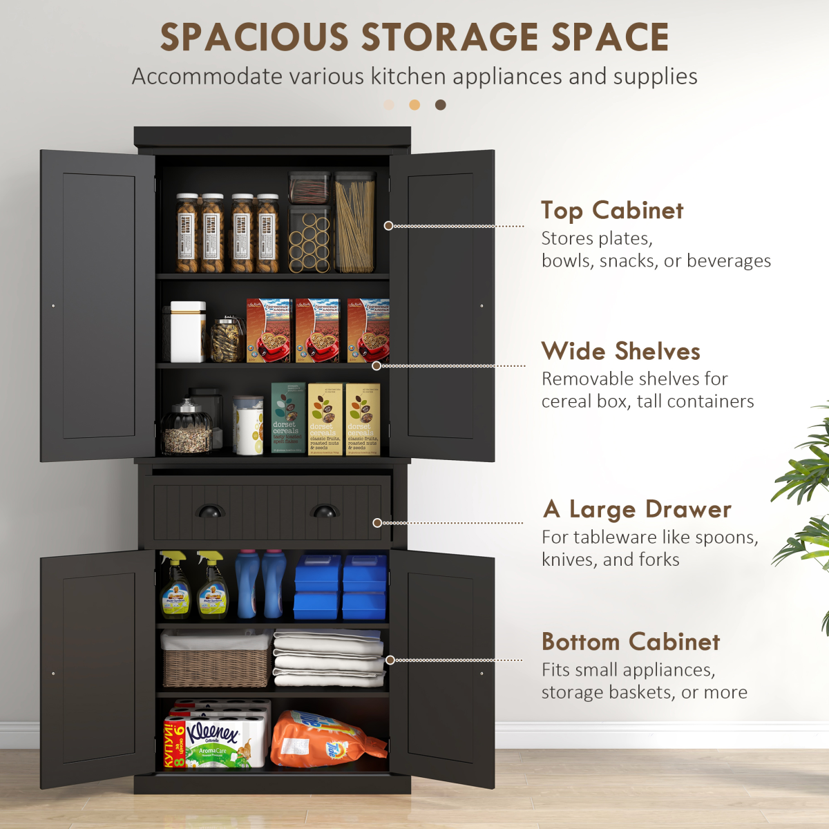 Stylish Black Freestanding Kitchen Storage Cabinet with Drawers & Shelves