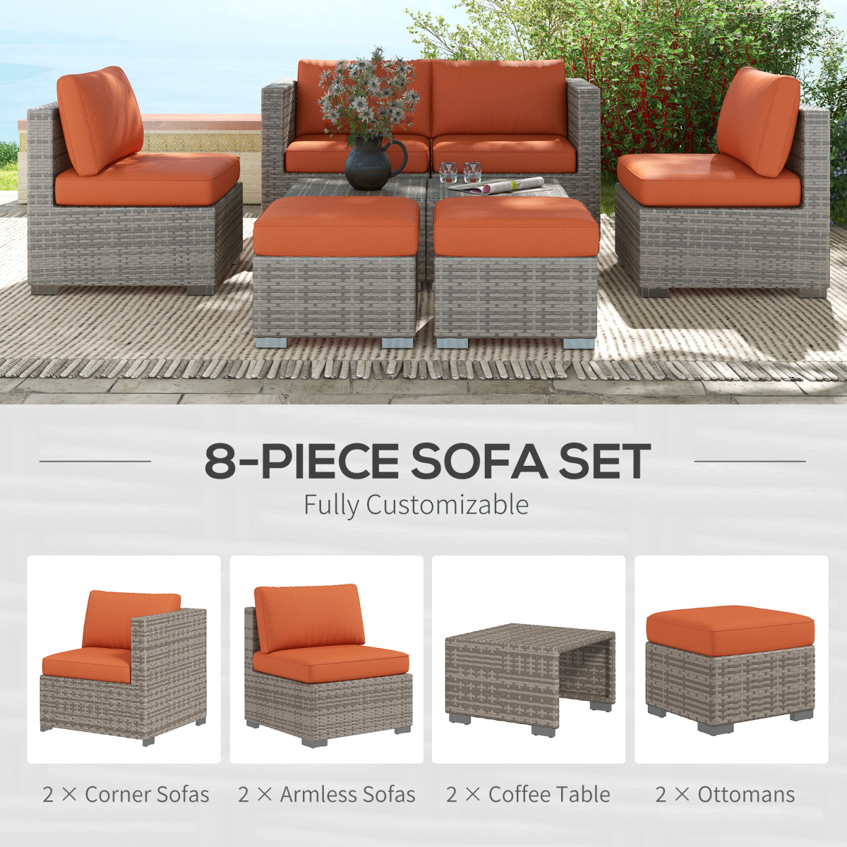8-Piece Orange Wicker Patio Set - Weather-Resistant Rattan