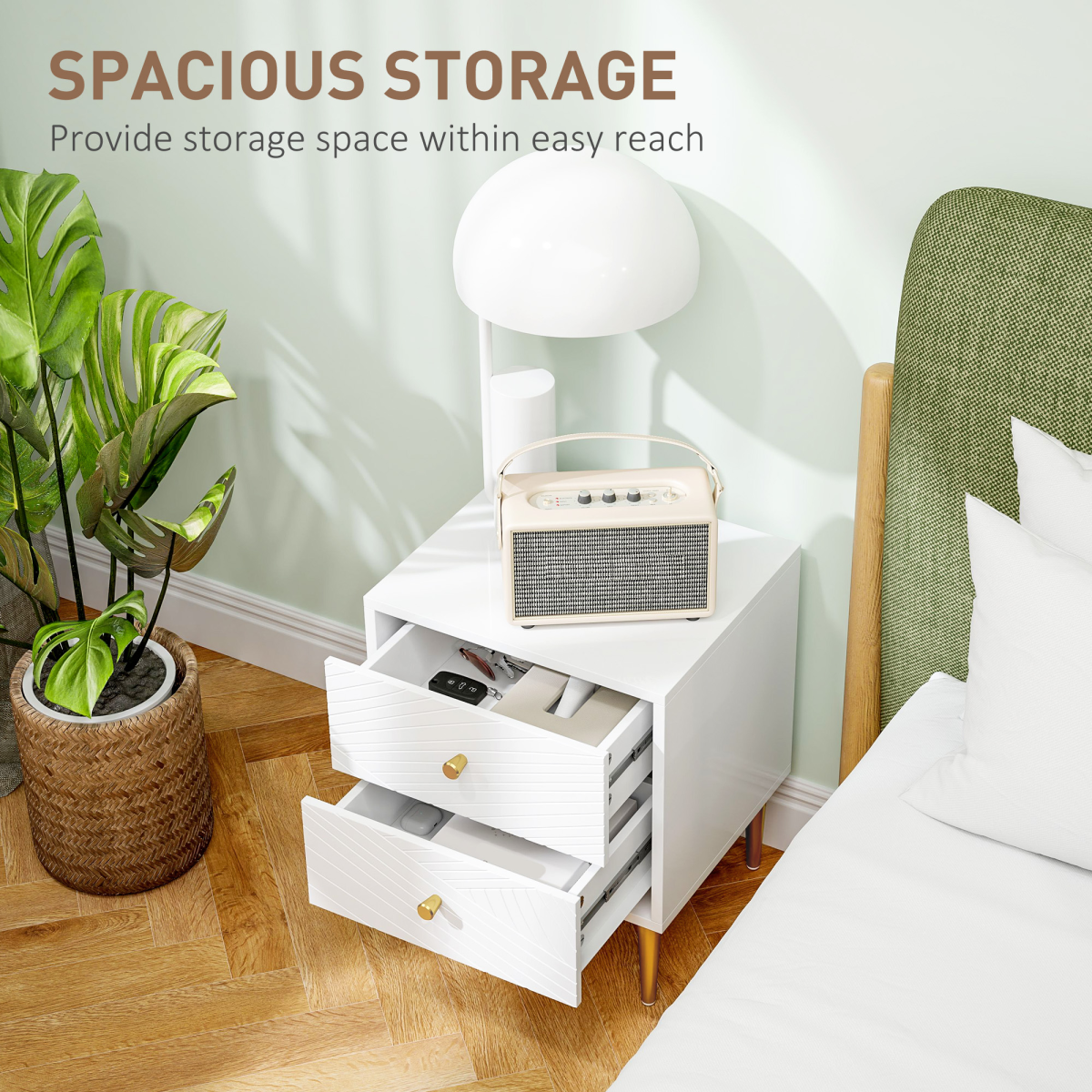 Chic White Nightstand with Gold Handles & Ample Drawer Storage