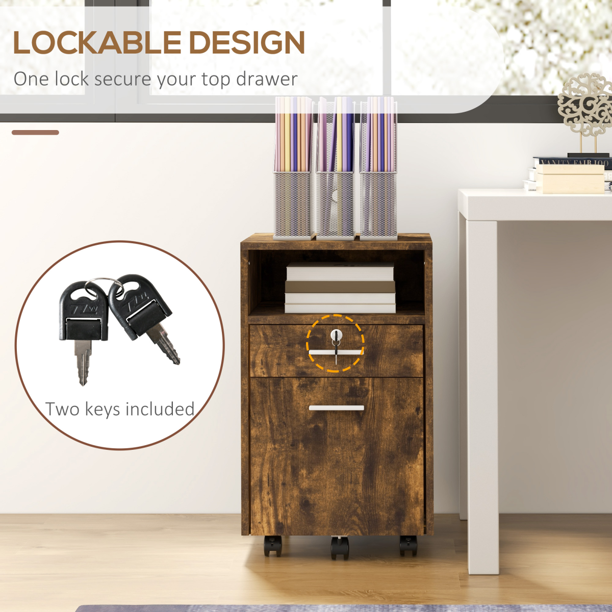 Vinsetto Rustic Brown Mobile File Cabinet: Lockable, 5 Wheels & Stylish Storage