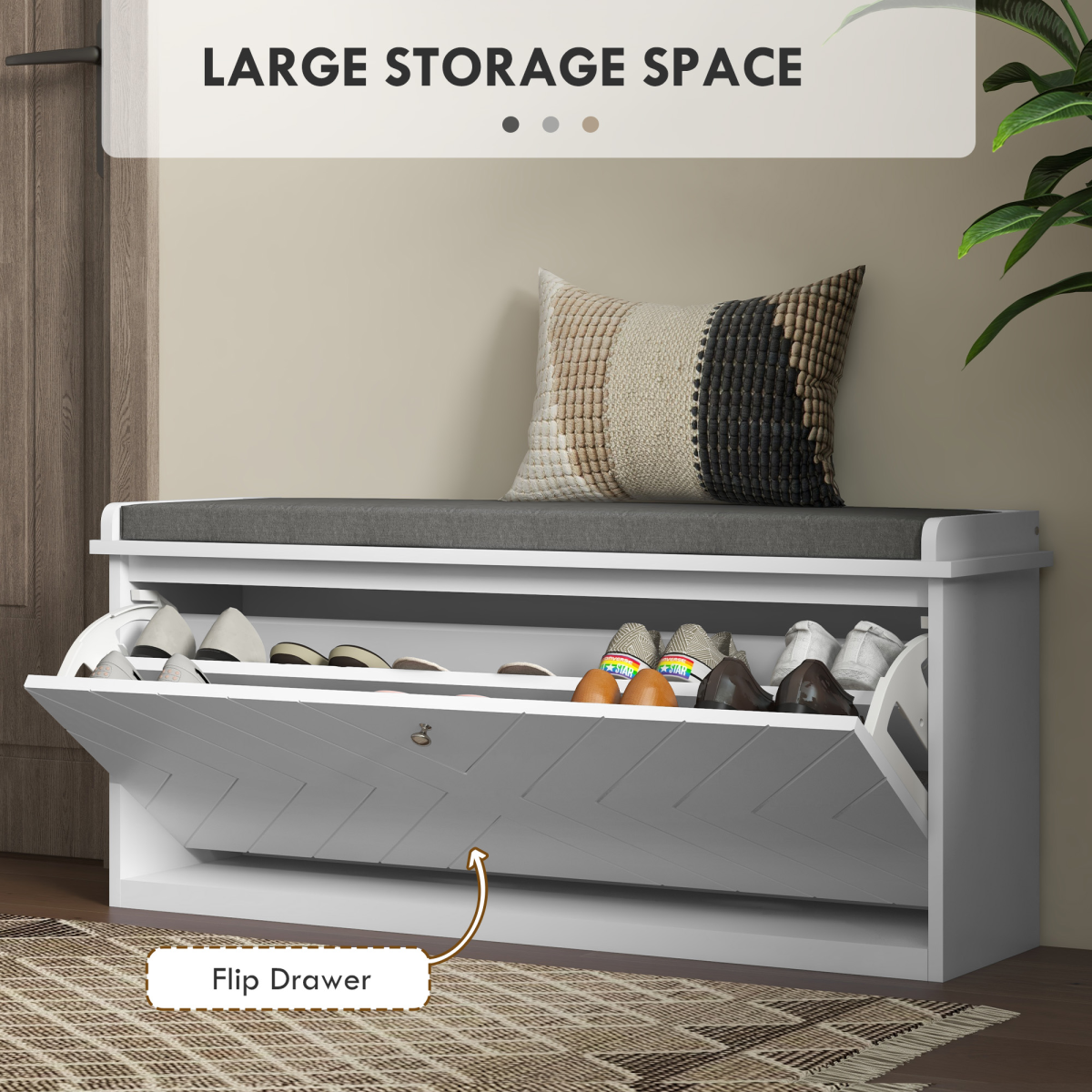 White Shoe Bench with Cushion & Flip Drawer - Holds 10 Pairs