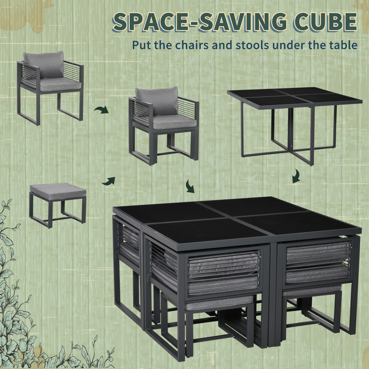 Grey 8-Seater Dining Cube Set: Table, 4 Chairs, 4 Cushioned Footstools