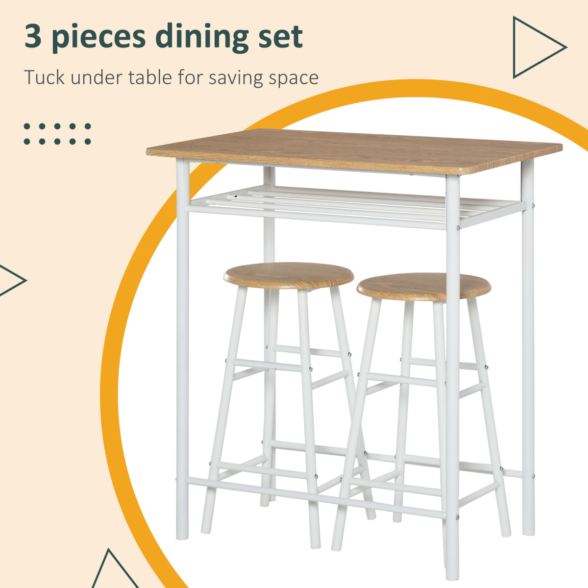 3-Piece Bar Height Kitchen Dining Set in White & Oak