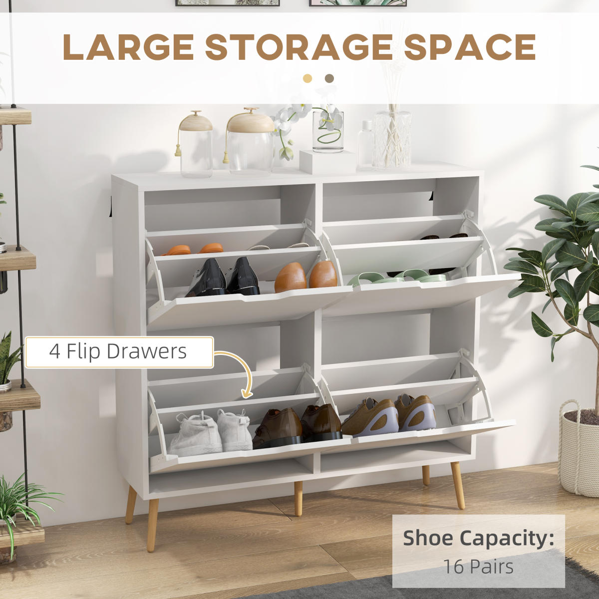 Stylish Shoe Storage Cabinet - 4 Flip Drawers for 16 Pairs, Modern White