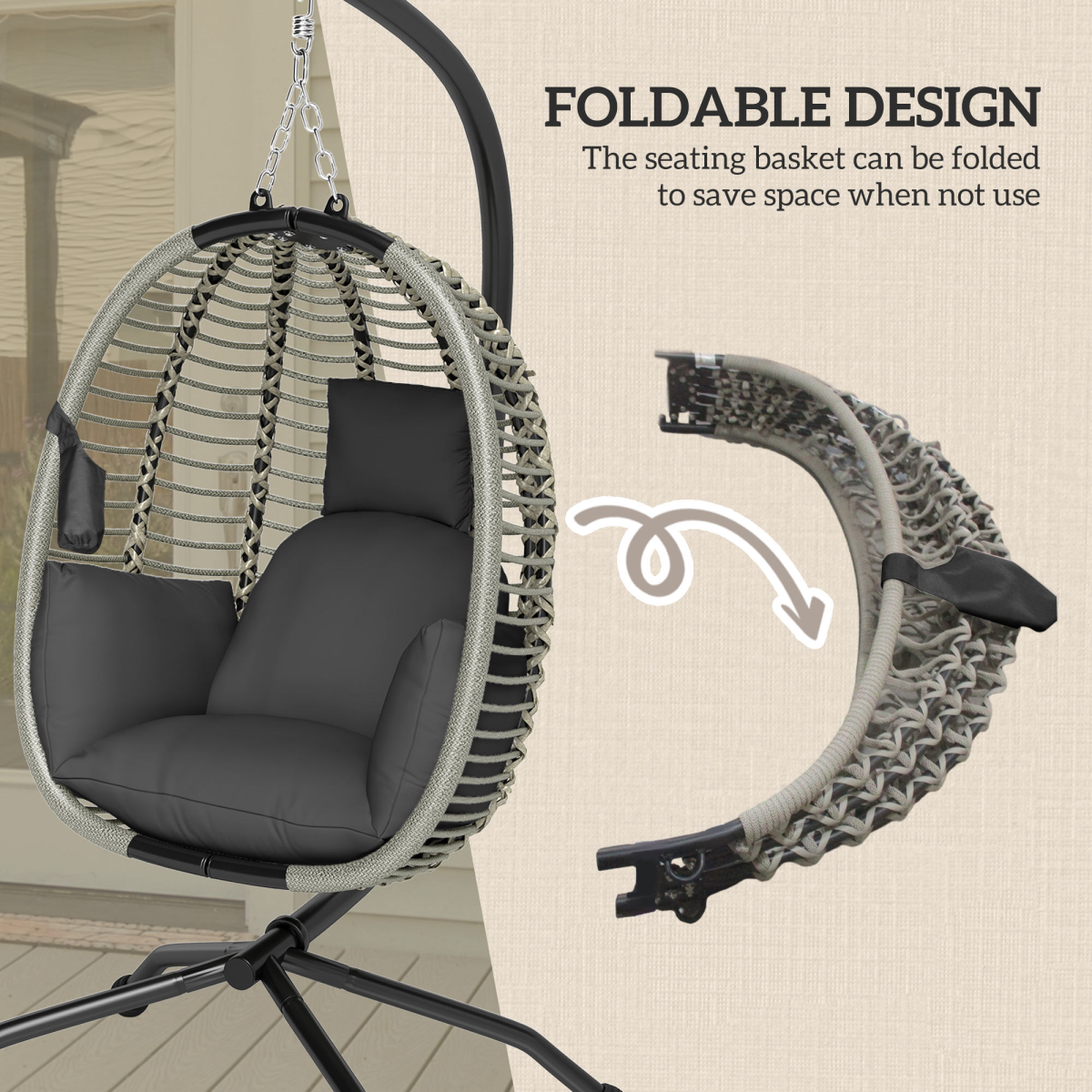 Premium Dark Grey Folding Basket Chair with Cup Holders