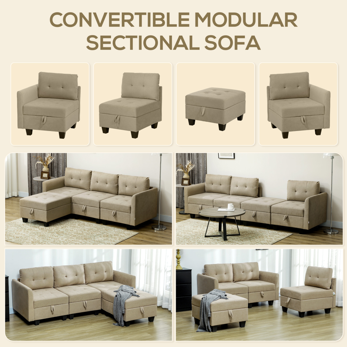 Convertible Modular Sectional Sofa with Storage & Wood Frame Light Brown