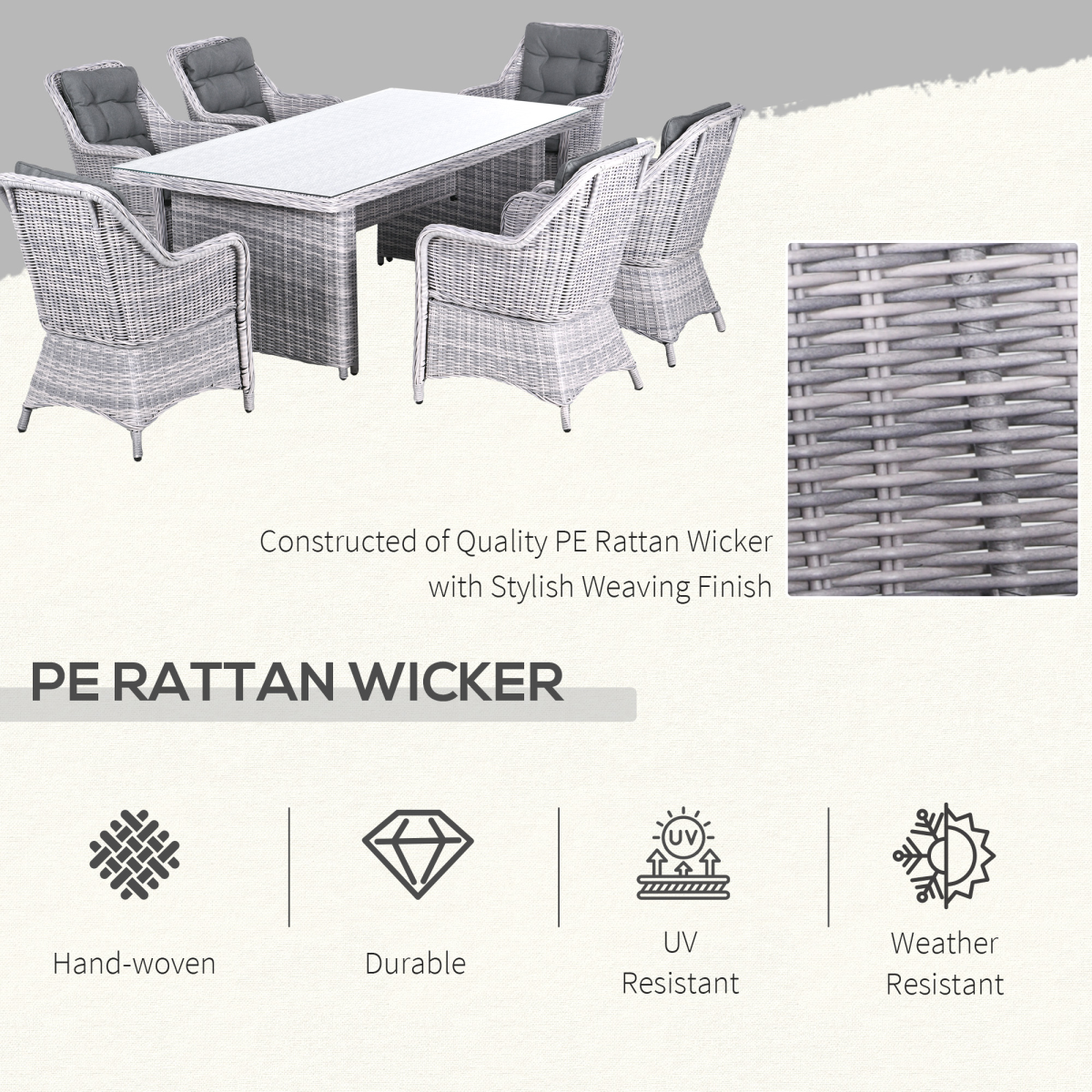 7-Piece Patio PE Rattan Wicker Dining Set with Tempered Glass Top