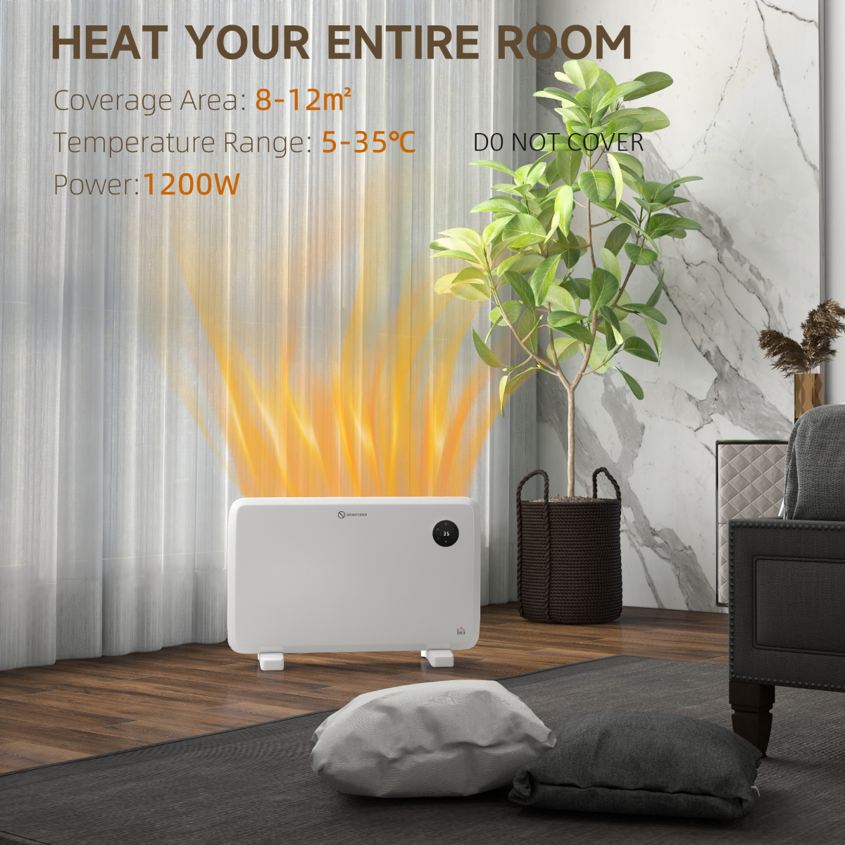 1200W Slim Electric Convector Heater with LED Display & Remote