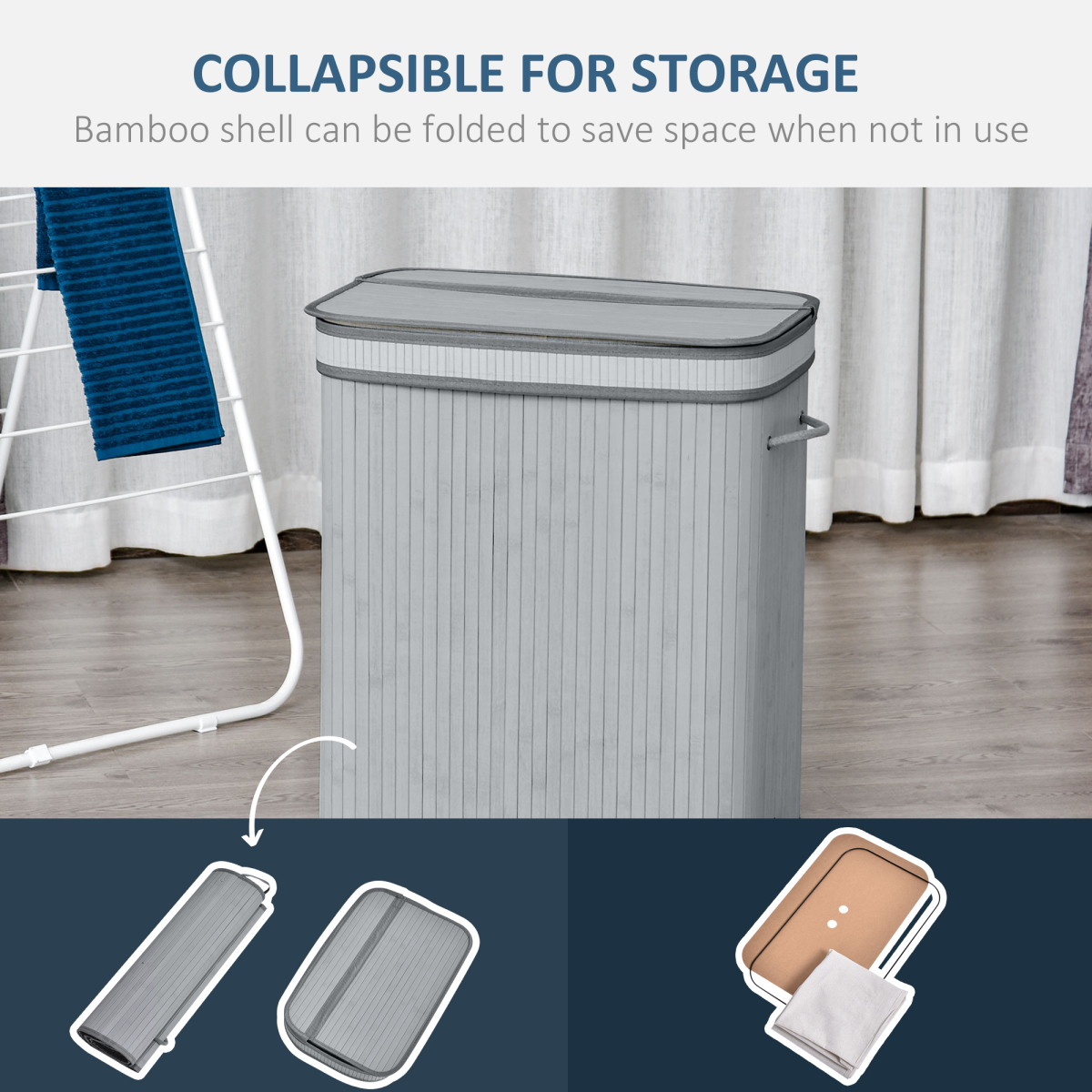100L Flip-Lid Bamboo Laundry Basket - Grey, Durable & Space-Saving
