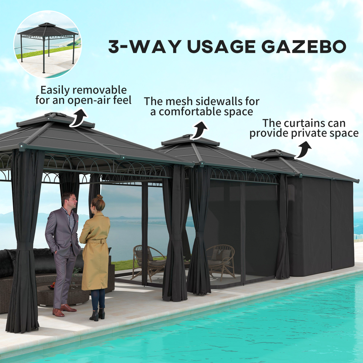 3x3m Double Roof Hard Top Gazebo with Mesh Nettings & Curtains