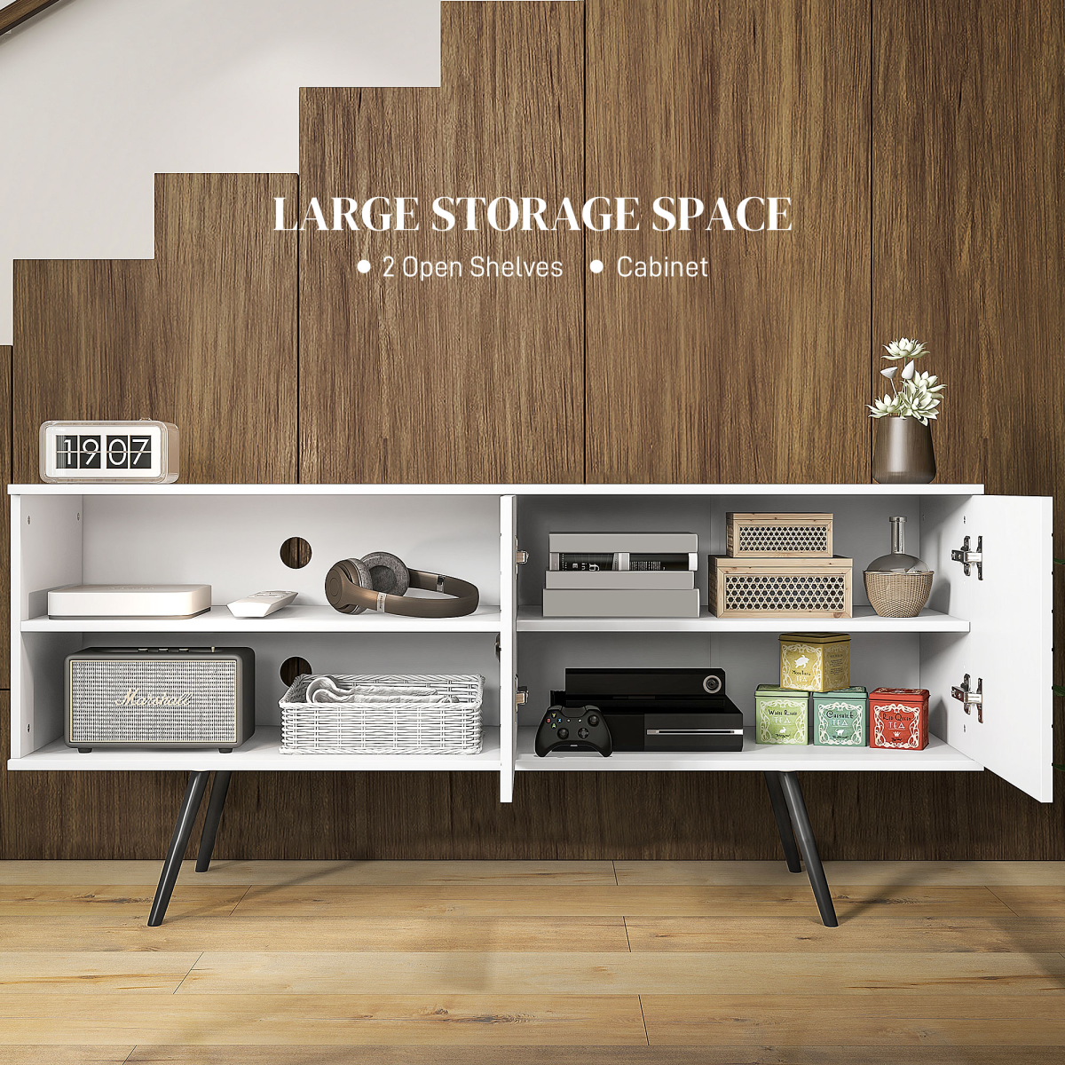 Modern 65" TV Stand with Open Shelves & Cable Management - White