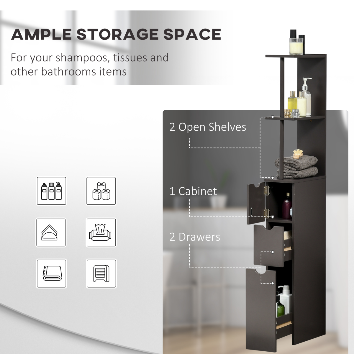 Elegant Tall Bathroom Storage Cabinet with Drawers & Shelves - Brown