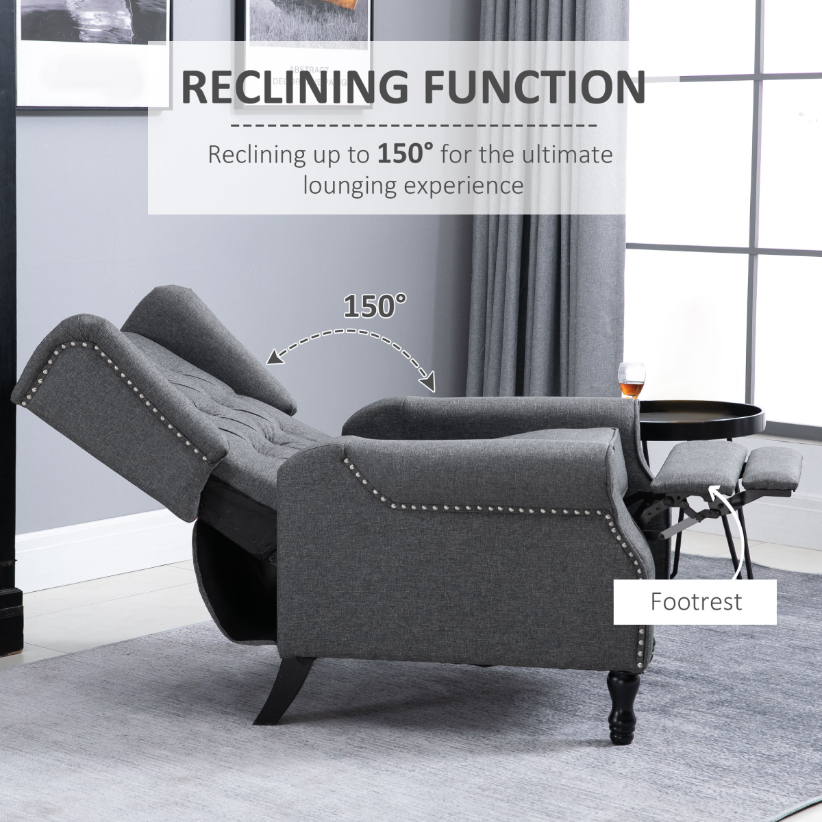 Manual Recliner Armchair with Footrest - Light Grey Fabric, Tufted Back