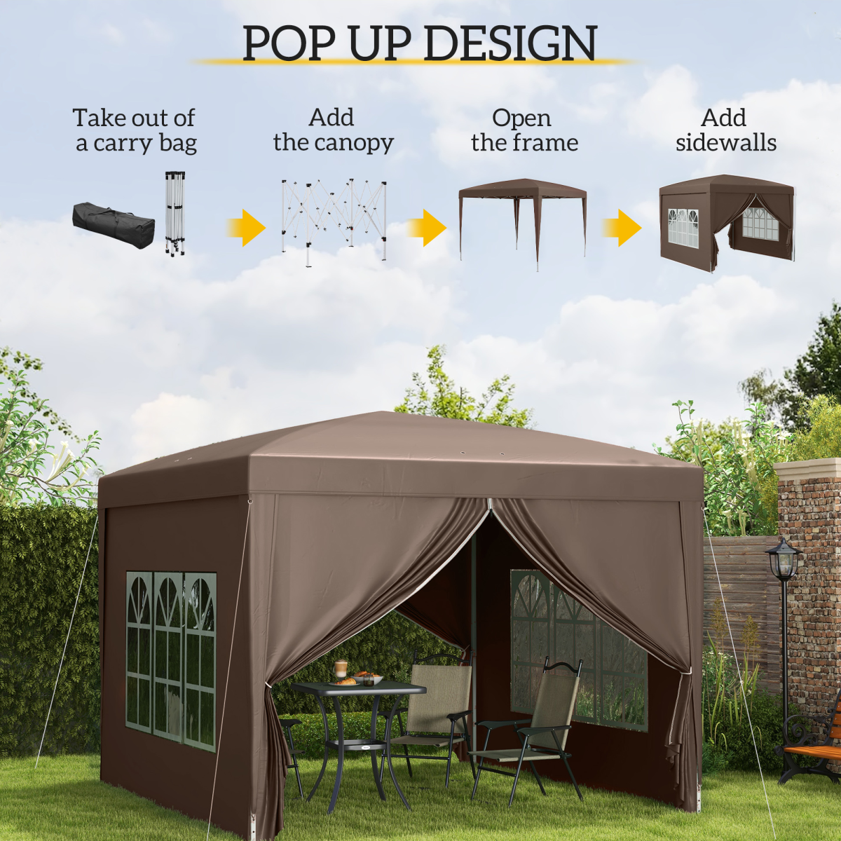 3x3m Pop-Up Gazebo with UV Canopy, Rust-Resistant, Includes Bag & Sidewalls