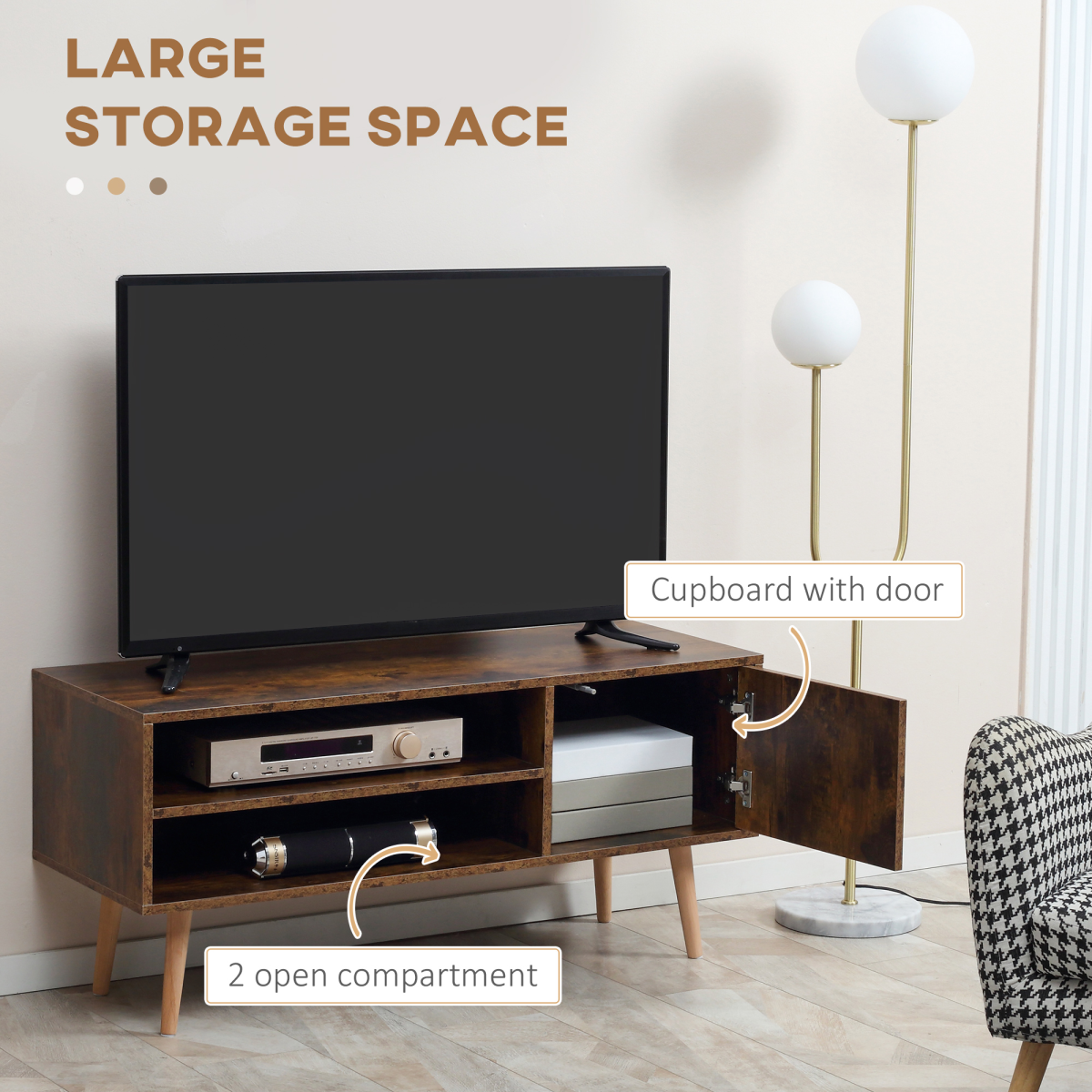 Stylish 55-Inch TV Unit with Cupboard & Shelves - Elegant Brown Finish