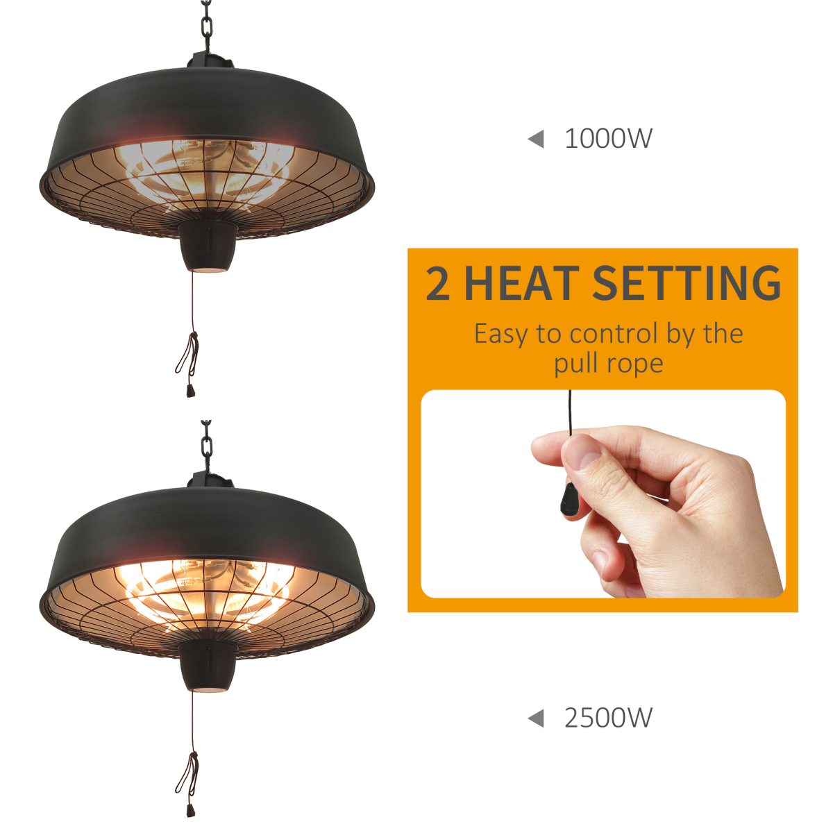 Versatile Hanging Infrared Heater: 1000/2500W Halogen Light for Year-Round Comfort