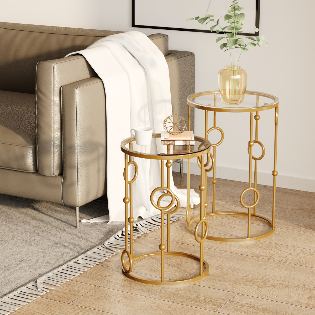 Gold Nesting Coffee Tables (Set of 2) with Tempered Glass Tops