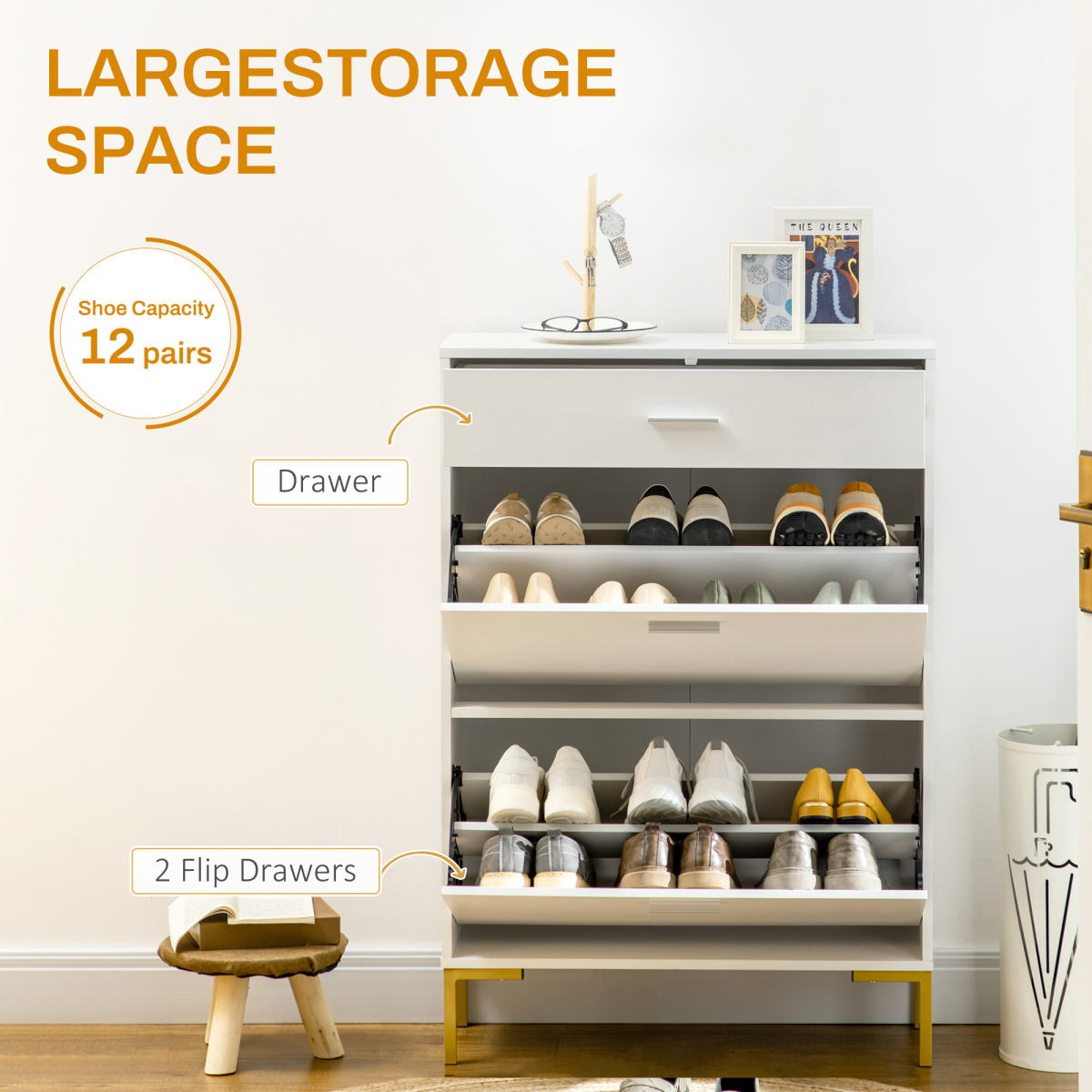 Chic 12-Pair Shoe Storage Cabinet with Flip Drawers & Elegant Gold Accents