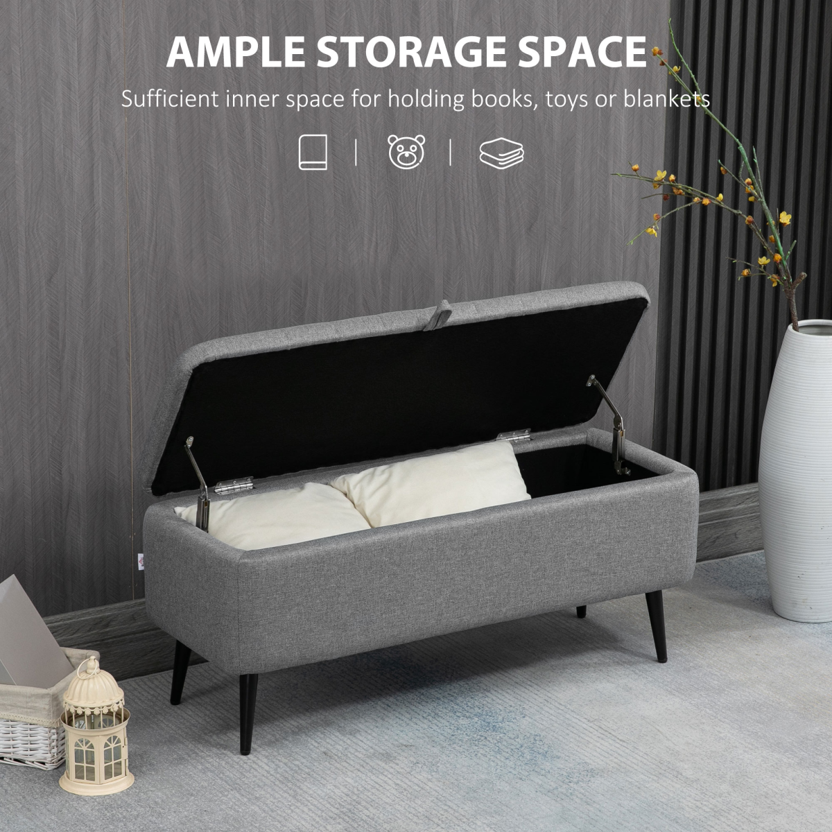 Grey Linen Storage Ottoman Bench – Stylish & Versatile Footstool with Steel Legs