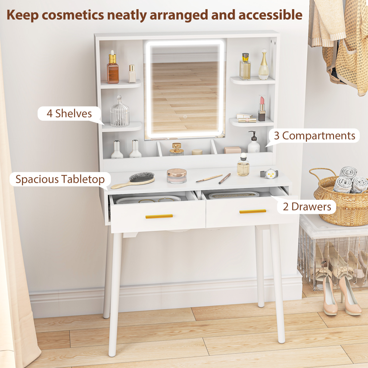 Elegant LED Lighted Dressing Table & Plush Stool - Stylish Vanity Set