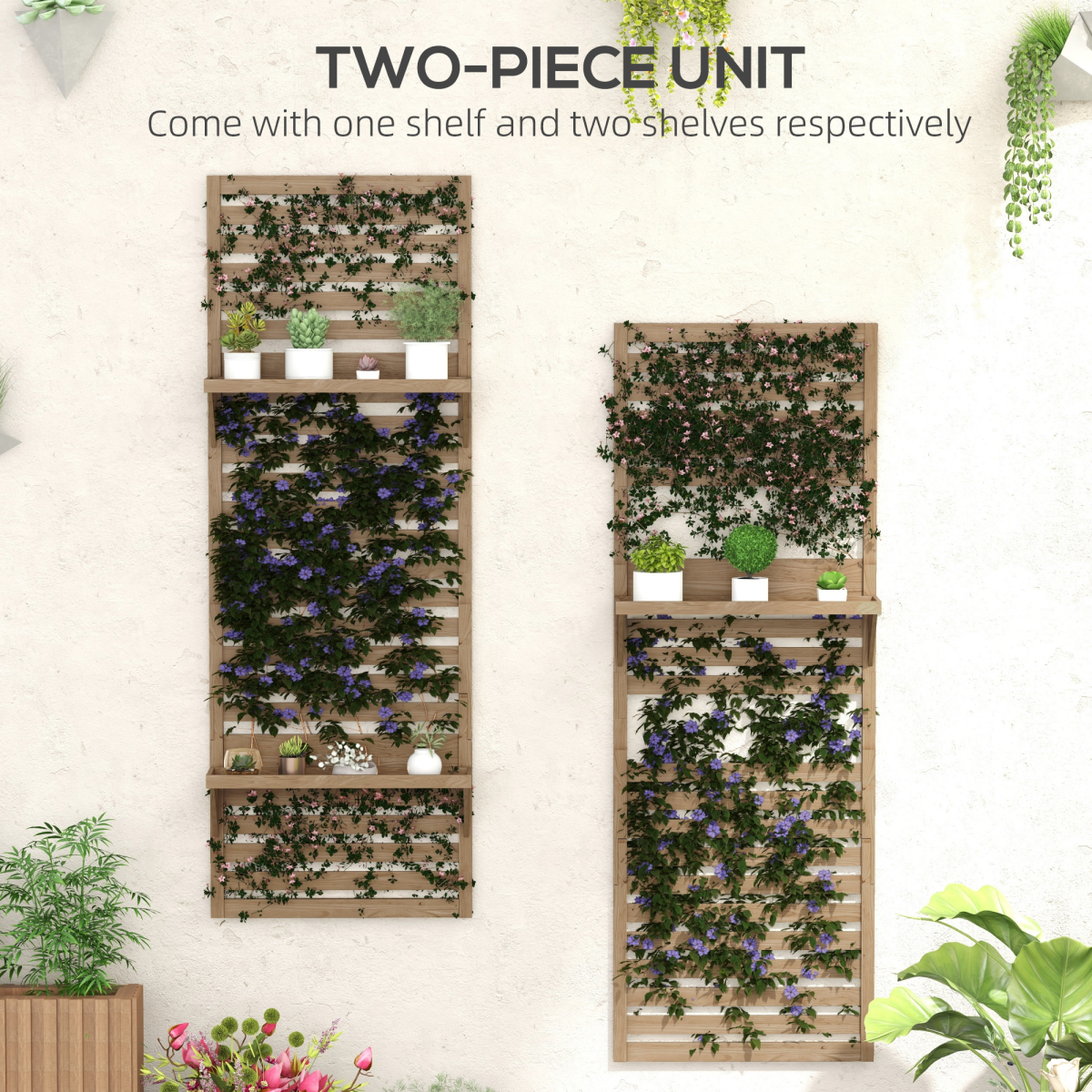 Wall-Mounted Plant Stand Set of 2 with Shelves & Slatted Trellis