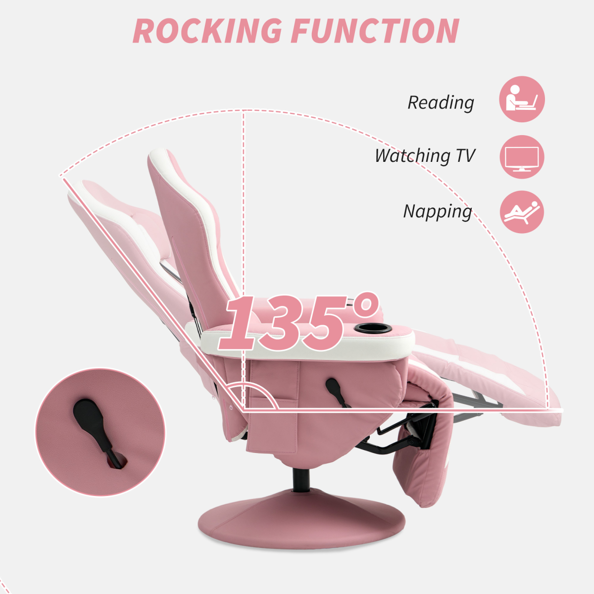 Pink PU Recliner Armchair with Footrest - 135° Recline, 360° Swivel