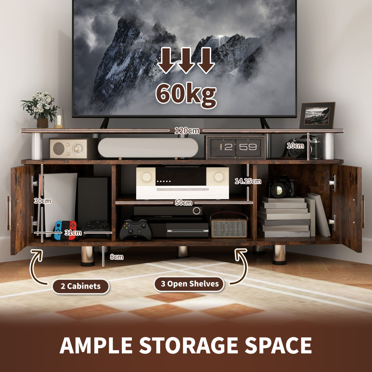 Rustic Brown TV Unit Cabinet with Storage & Shelves - Stylish & Functional!
