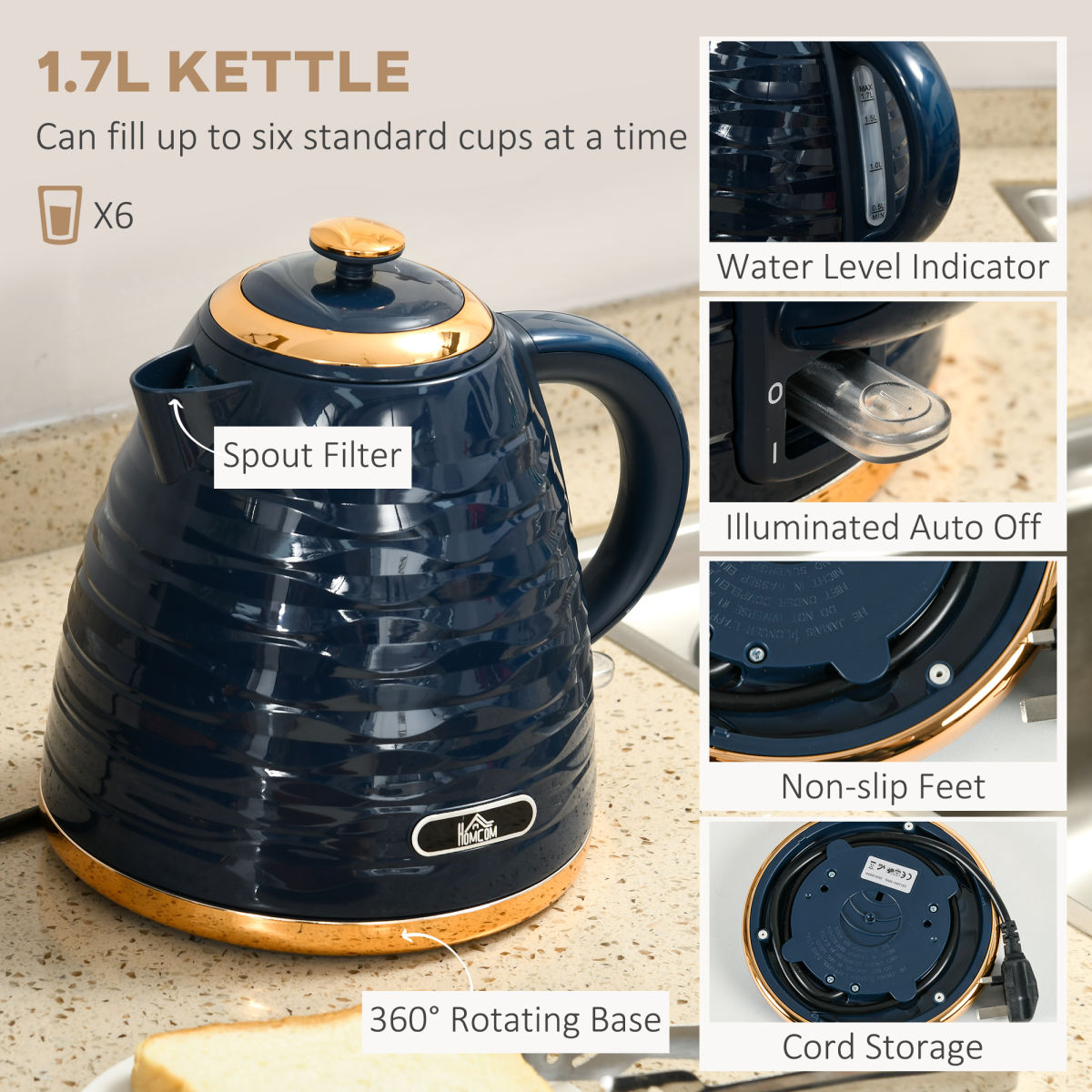 Chic Kettle & Toaster Set: 1.7L Rapid Boil & 4-Slice Marvel in Blue