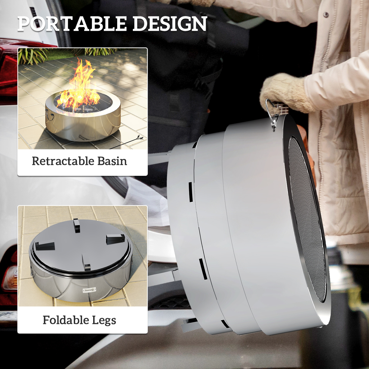 Portable Round Fire Pit & Grill - Stainless Steel with Poker Included
