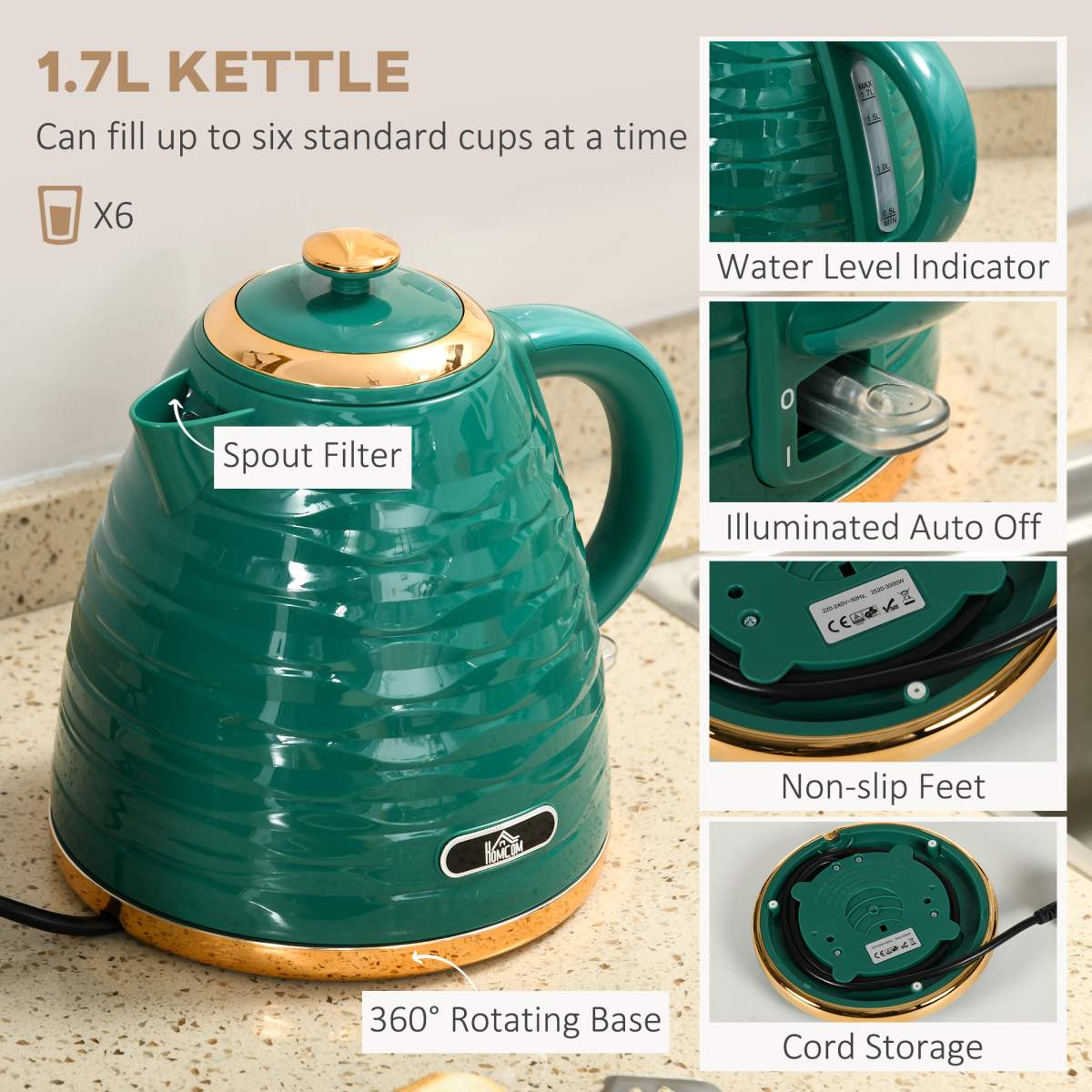 Kettle and Toaster Set 1.7L Rapid Boil Kettle & 4 Slice Toaster Green
