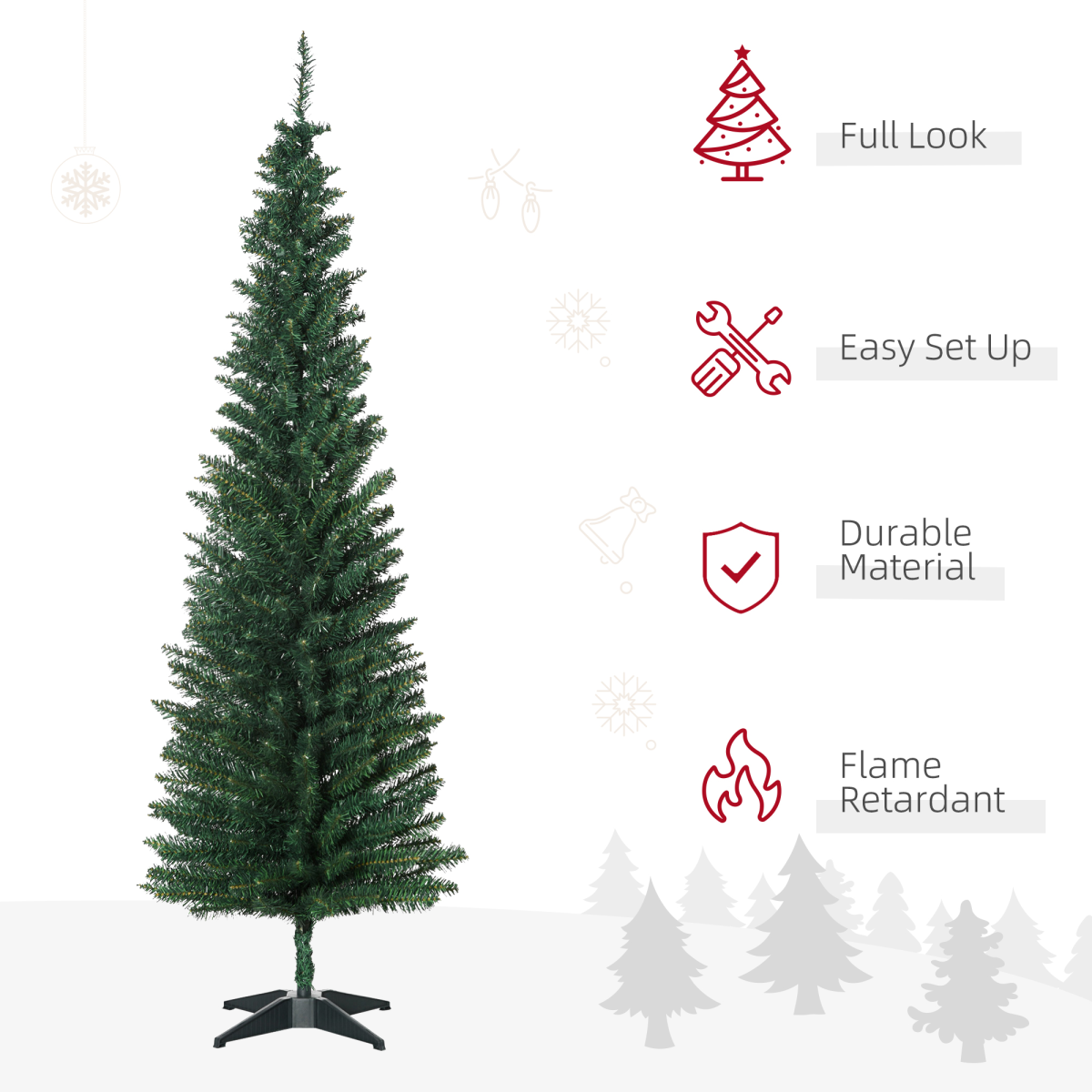 1.8m / 6ft Slim Pencil Christmas Tree, 390 Branch Tips, Flame-Retardant PVC