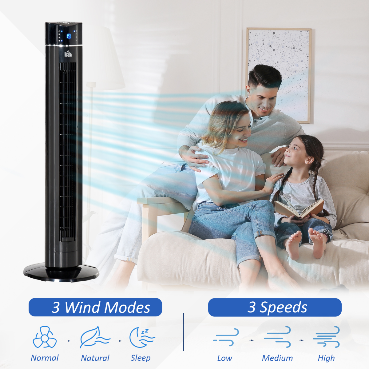 Tower Fan: 3 Speeds, Oscillating, 8-Hour Timer & Remote Control - Black