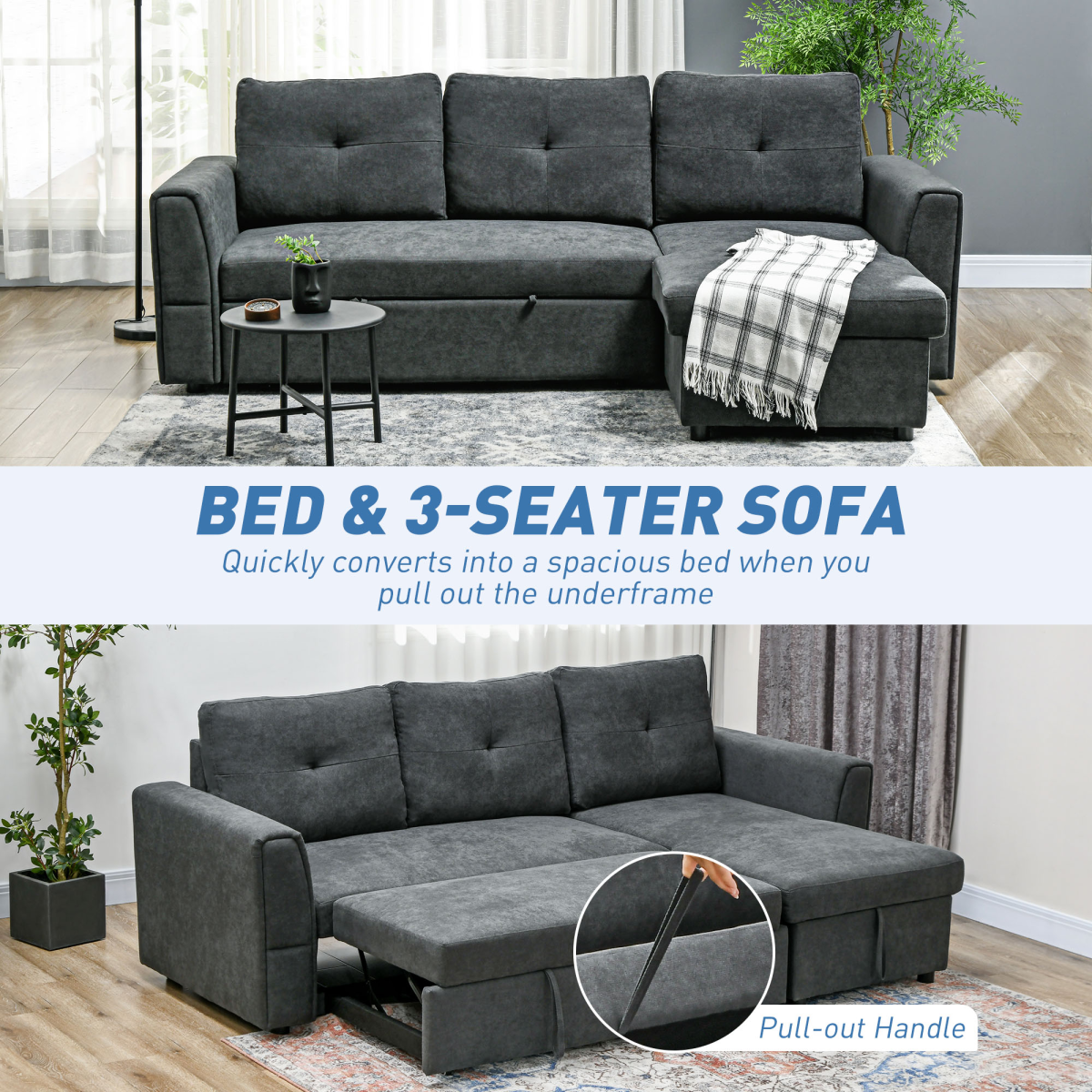 3-Seater Sofa Bed with Storage, Convertible Chaise - Dark Grey