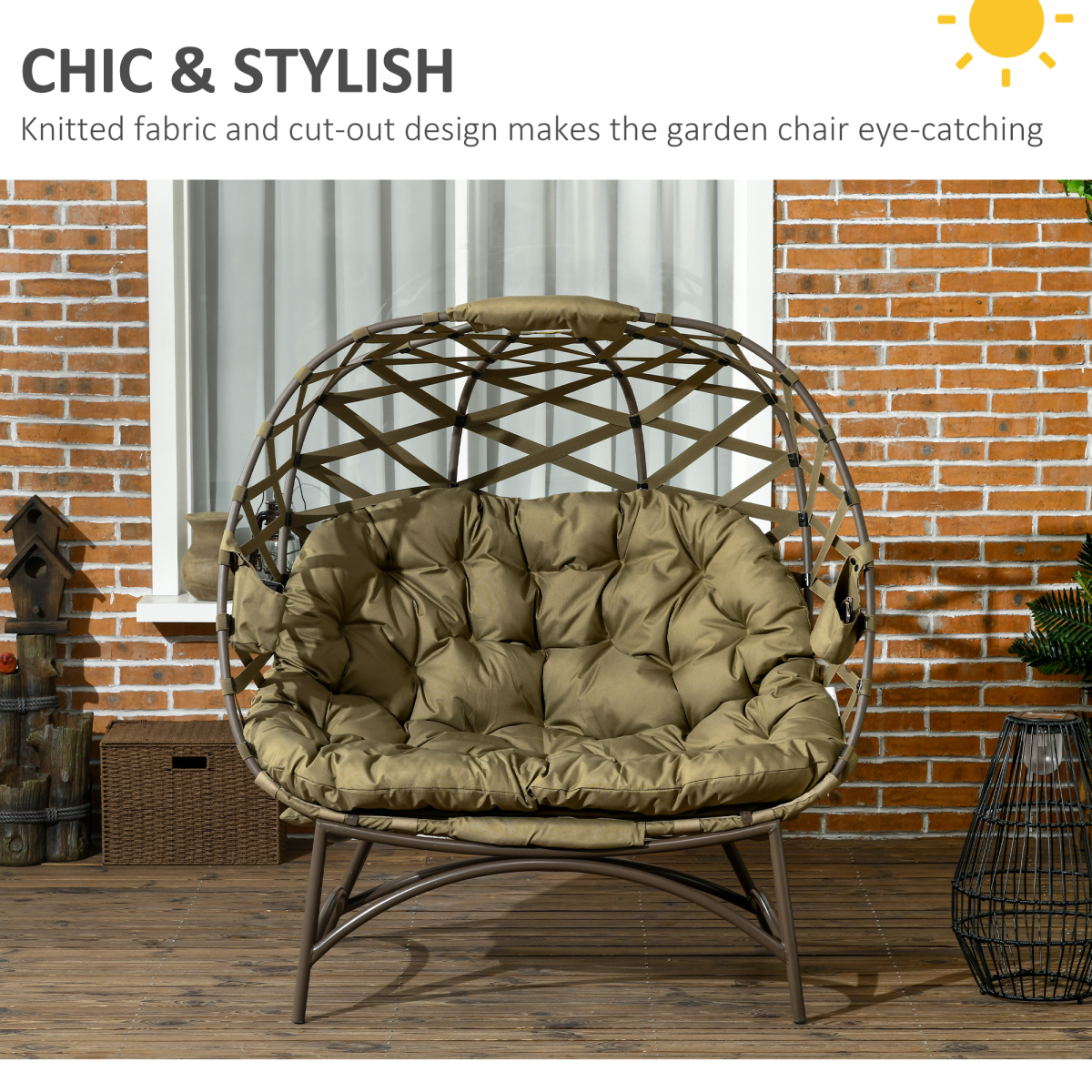 2-Seater Egg Chair with Cushions & Cup Pockets - Khaki