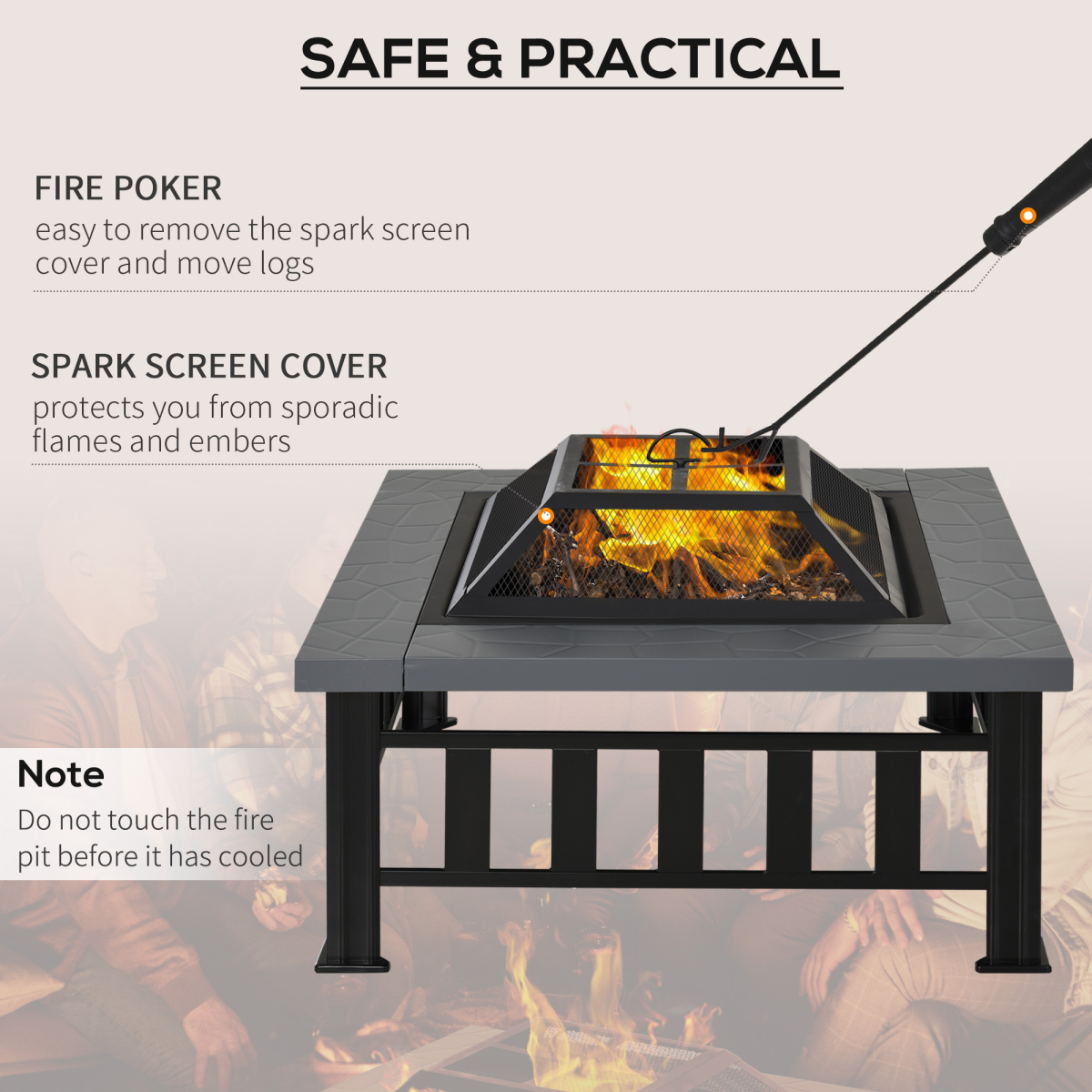 Square Fire Pit with Waterproof Mesh Cover, Faux Stone Top, Poker Tool