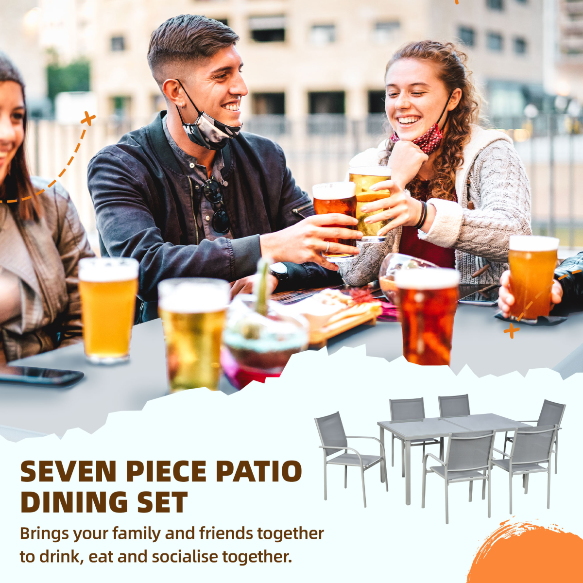 7-Piece Grey Steel Garden Patio Dining Set with Tempered Glass Table