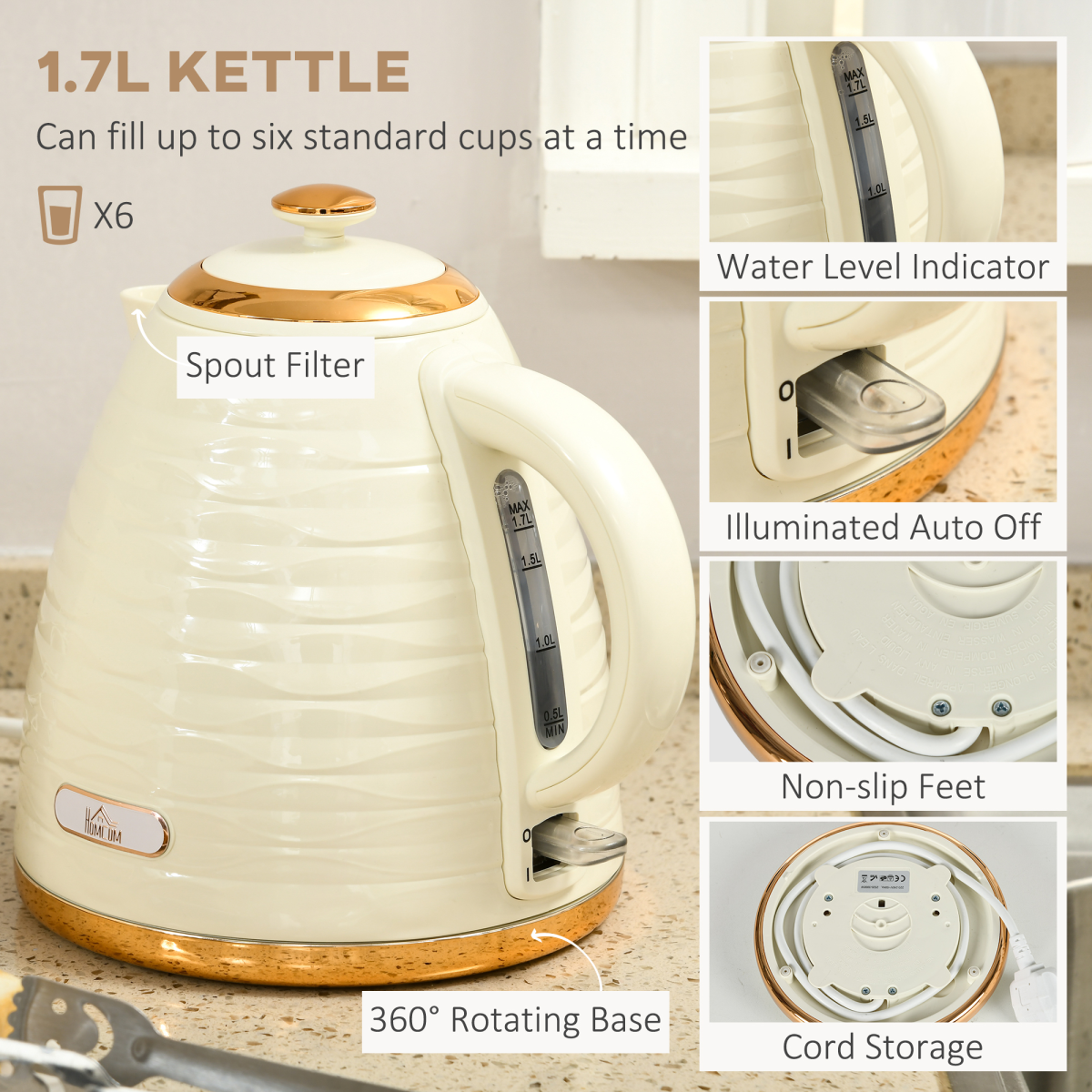 Chic 1.7L Rapid Boil Kettle & 4-Slice Toaster Set - Beige Elegance