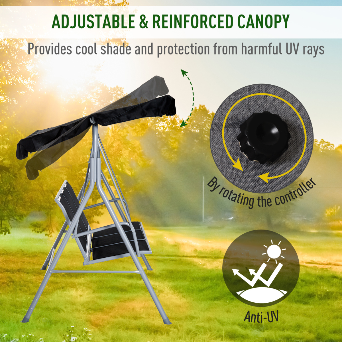 Black Outdoor 3-Seater Swing Chair - Weatherproof Patio Comfort