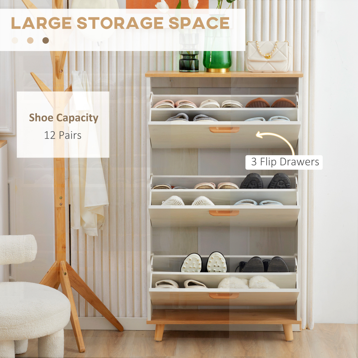 Slim Shoe Storage Cabinet - 12 Pair Capacity with 3 Adjustable Flip Drawers