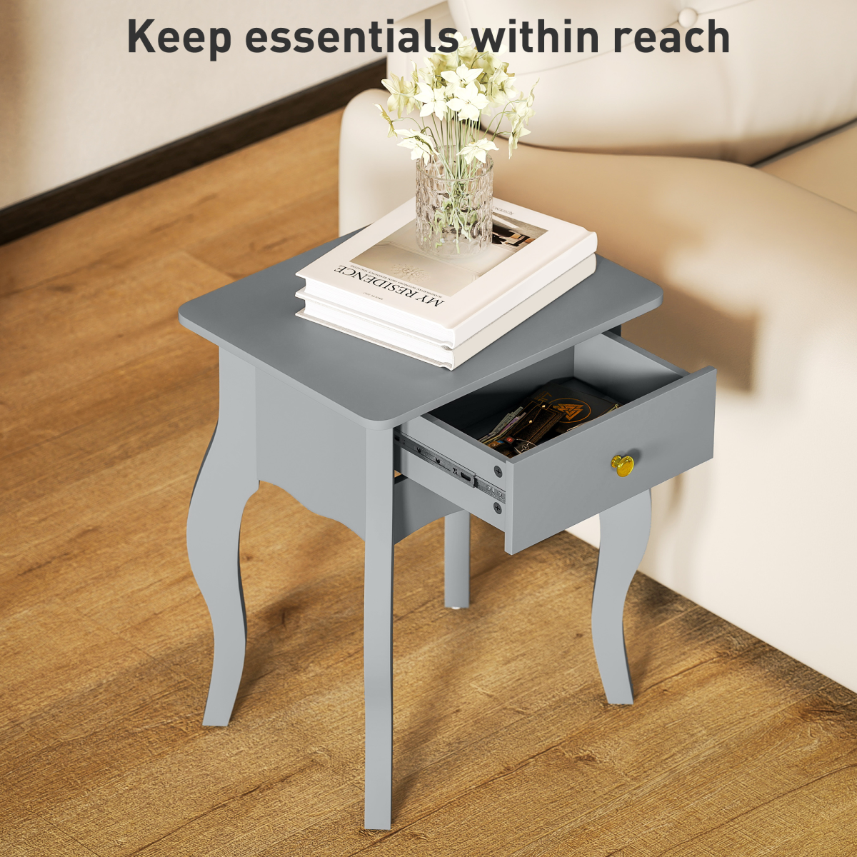 Chic French Style End Table with Drawer & Curved Legs - Grey Elegance