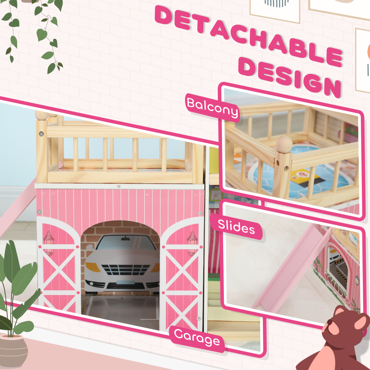 AIYAPLAY 3-Story Pink Dolls House with 13-Piece Wooden Furniture Set