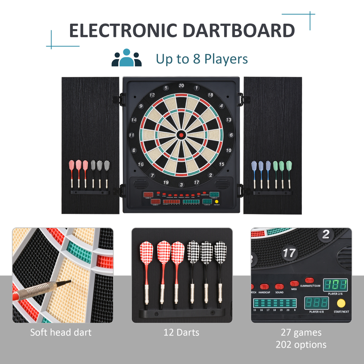 LED Dartboard with Digital Scoreboard, 27 Games, Cabinet & Storage