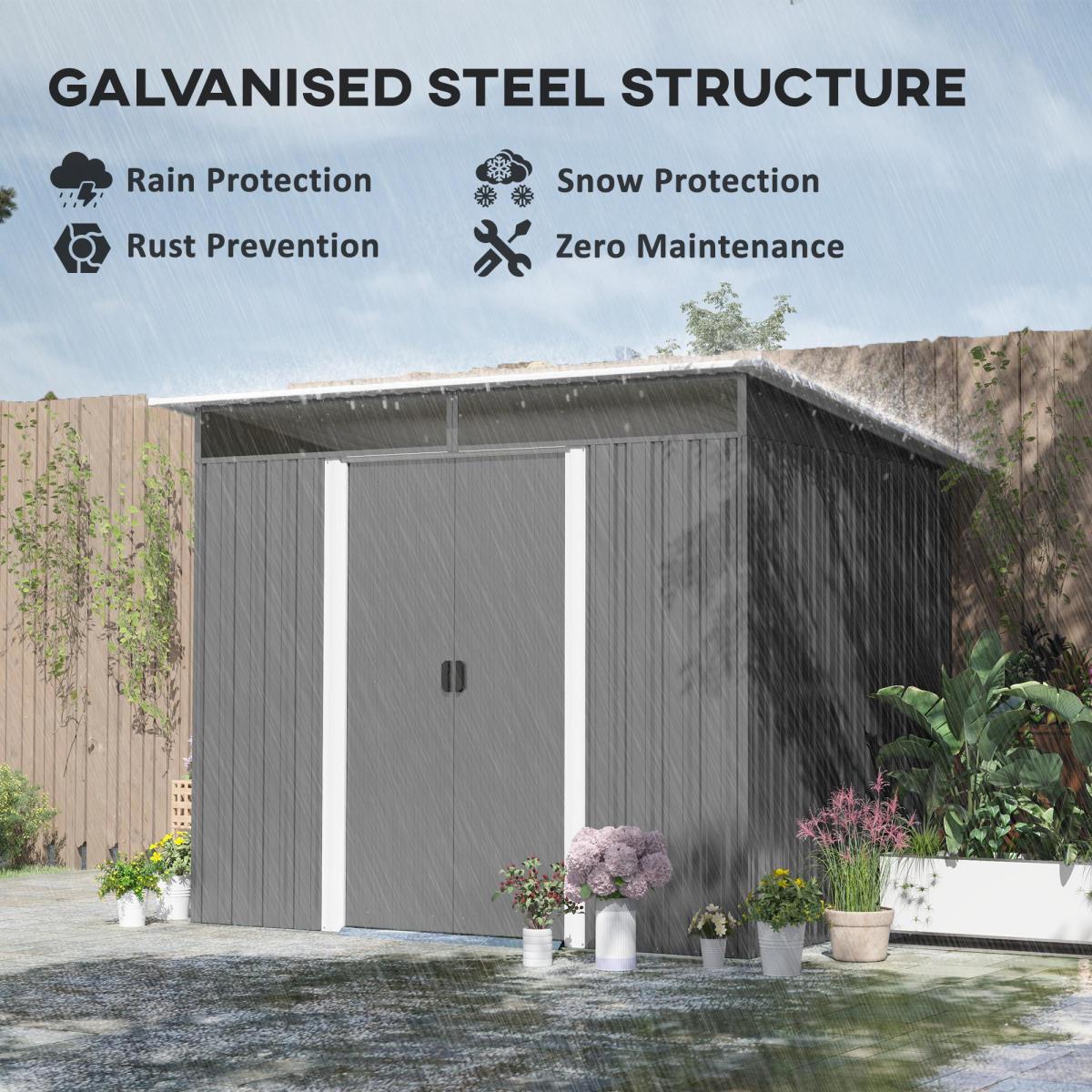 6.4x8.5 ft Steel Garden Shed Freestanding, Double Sliding Door Grey