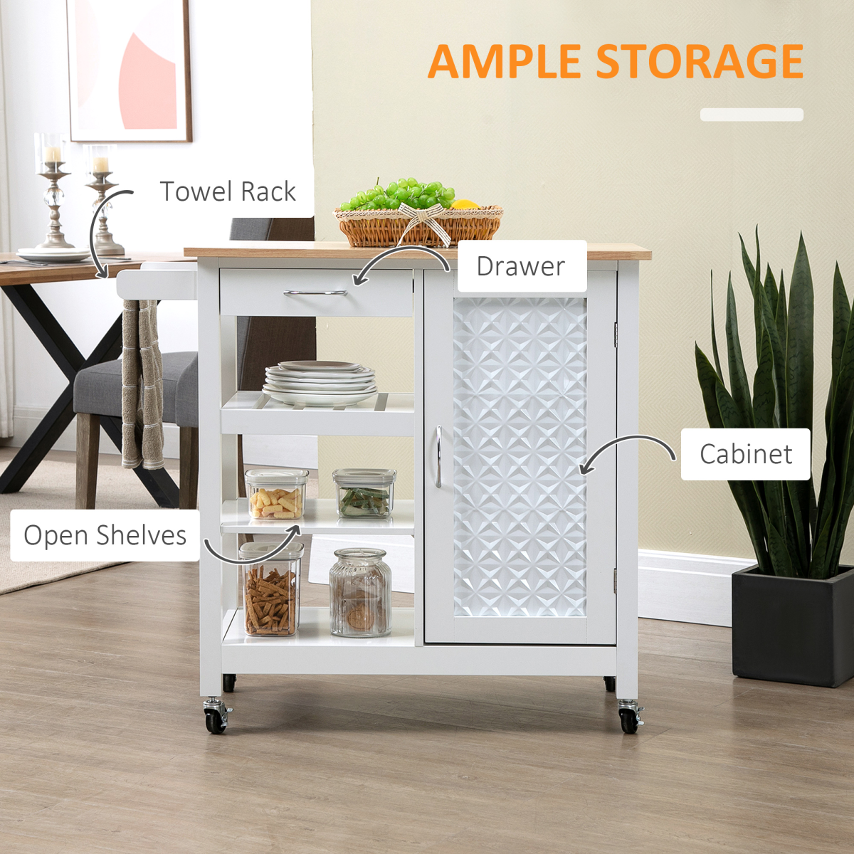 Versatile Rolling Kitchen Cart with Storage Drawer & Towel Rack - White